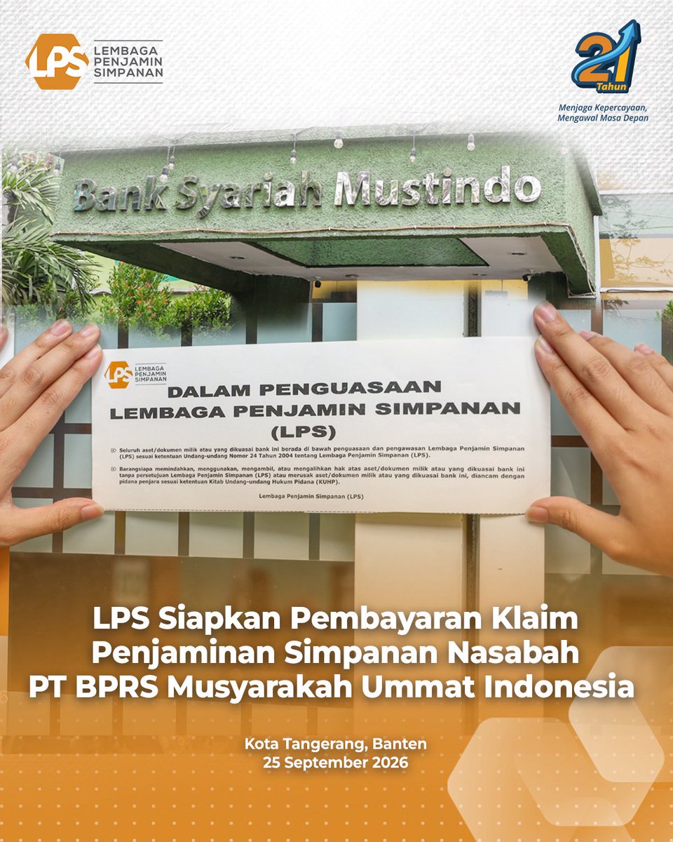 lps_idic's tweet photo. Sahabat LPS, LPS saat ini sedang menyiapkan proses pembayaran klaim penjaminan simpanan nasabah PT BPRS Musyarakah Ummat Indonesia atau Bank Syariah Mustindo di Kota Tangerang, Banten, setelah izin BPRS tersebut dicabut izin usahanya oleh Otoritas Jasa Keuangan (OJK) terhitung sejak 25 September 2026.

LPS akan melakukan rekonsiliasi dan verifikasi data simpanan serta informasi lainnya untuk menetapkan simpanan yang akan dibayar. Proses rekonsiliasi dan verifikasi ini akan diselesaikan dalam waktu paling lama 90 hari kerja sejak tanggal pencabutan izin usaha bank.

LPS mengimbau agar nasabah PT BPRS Musyarakah Ummat Indonesia tetap tenang dan tidak terpengaruh oleh pihak-pihak yang dapat menghambat proses pembayaran klaim dan likuidasi bank. Nasabah juga diingatkan untuk tidak mempercayai pihak yang menjanjikan bantuan pengurusan klaim dengan imbalan atau biaya tertentu.

Untuk informasi lebih lanjut, nasabah dapat menghubungi Pusat Layanan Informasi (Puslinfo) LPS di nomor berikut:
👉🏻No. Telp: 154 / 021 – 39525070 
👉🏻WhatsApp: 0811-1154-154
👉🏻Email: informasi@lps.go.id

#LPSIndonesia #AyoNabungdiBank #KuAmanAdaLPS #SahabatNasabahIndonesia