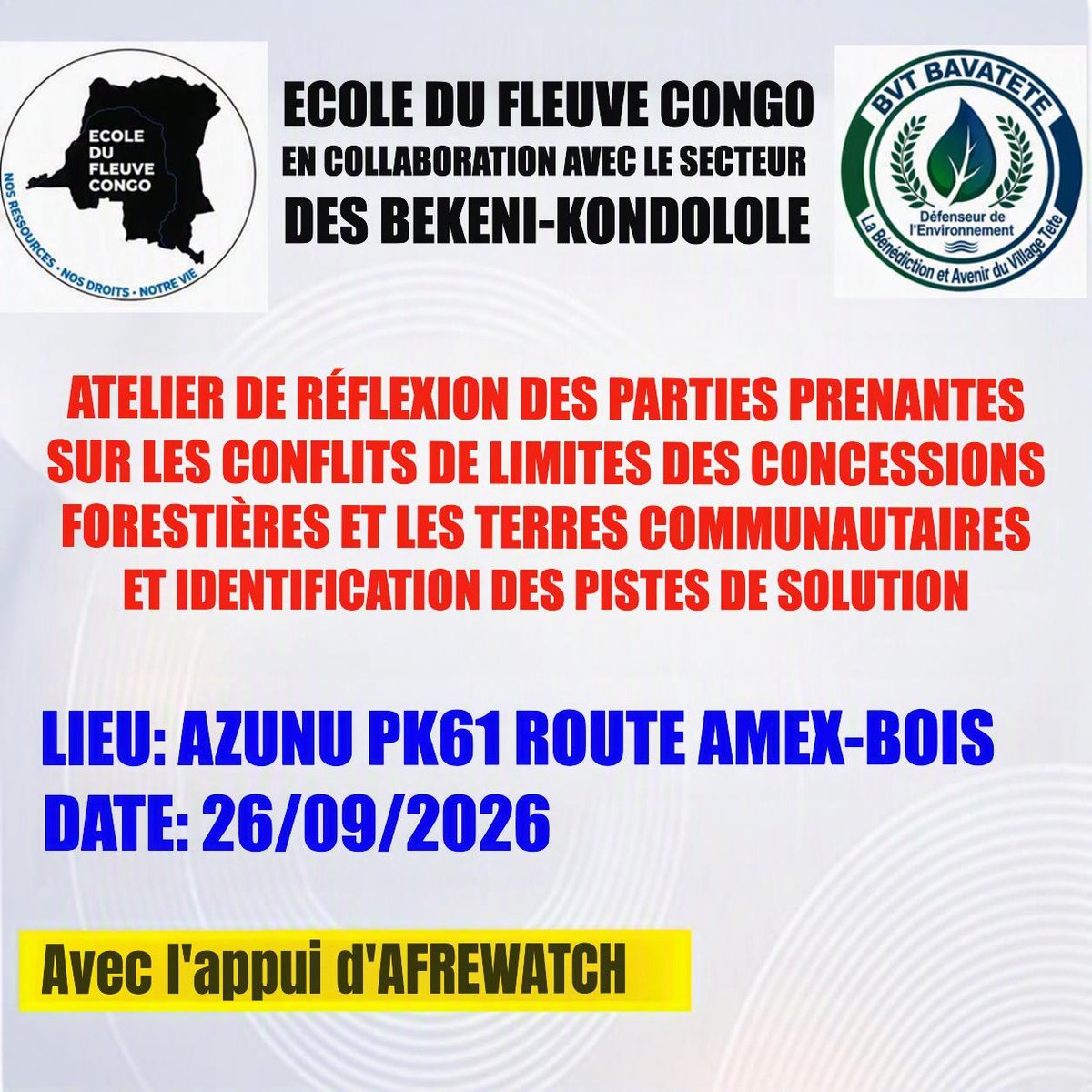 afrewatch's tweet photo. Ce samedi 26 septembre 2026, les anciens étudiants de l’École du Fleuve Congo du groupement de Bevenzeke organisent un atelier de réflexion consacré aux conflits de limites entre les #ConcessionsForestières et les terres des peuples autochtones.

L’atelier réunit les autorités coutumières de dix villages concernés, les communautés locales, les organisations de la société civile et les concessionnaires forestiers afin d’analyser les causes de ces conflits et d’identifier, dans un cadre de dialogue, des solutions concertées et durables.

Cette initiative s’inscrit dans la mise en œuvre du plan d’action de la troisième session de l’École du Fleuve Congo et vise notamment à porter la voix des communautés affectées par l’accaparement des terres, prévenir les tensions et promouvoir une gestion pacifique des différends liés aux limites des terres.

https://t.co/rMuNrvSXtM