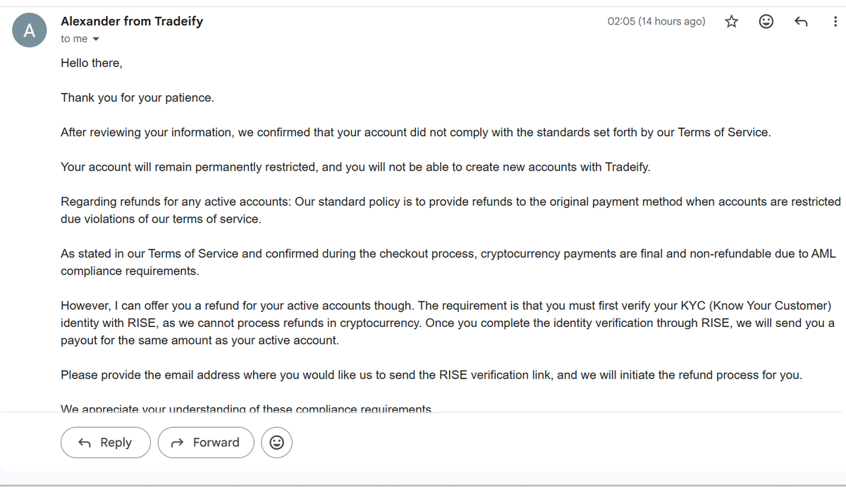 arpit6112's tweet photo. @TradeifyCo permanently restricted my $25K Select account even though I hadn't placed a single trade.  My KYC verification was declined, and I was later told I didn't comply with the Terms of Service.  No one has told me what specific rule I violated.

@PropFirmsGuru
@vedictrades https://t.co/2Sj1hWYHVb