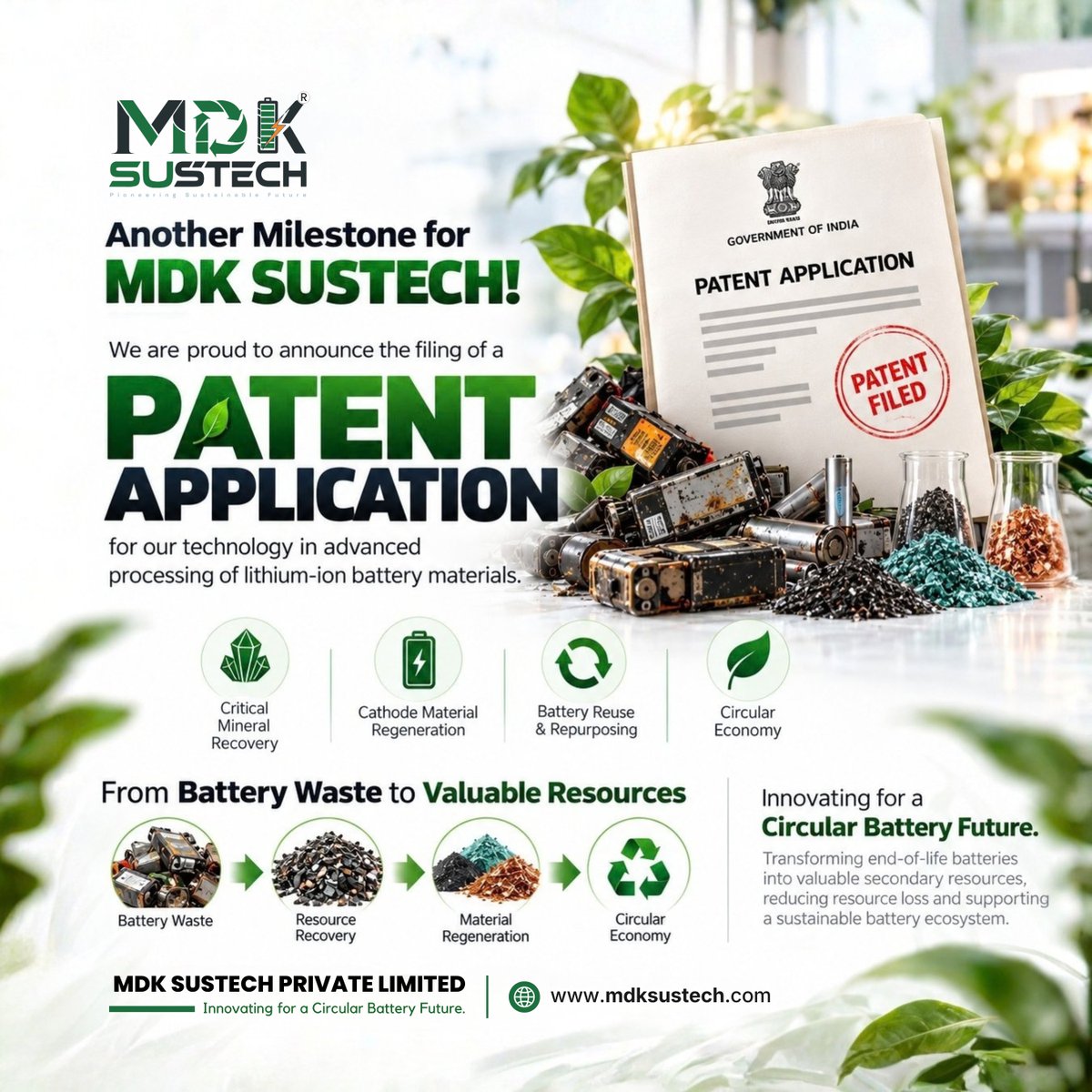 mdkustech's tweet photo. Another Milestone for MDK SUSTECH!
PATENT APPLICATION FILED
For our technology in advanced hydrometallurgical processing of lithium-ion battery materials.
https://t.co/1BlivSR41a
#MDKSUSTECH #BatteryRecycling #LithiumIonBattery #Hydrometallurgy #CircularEconomy https://t.co/mNcbbB1pwd