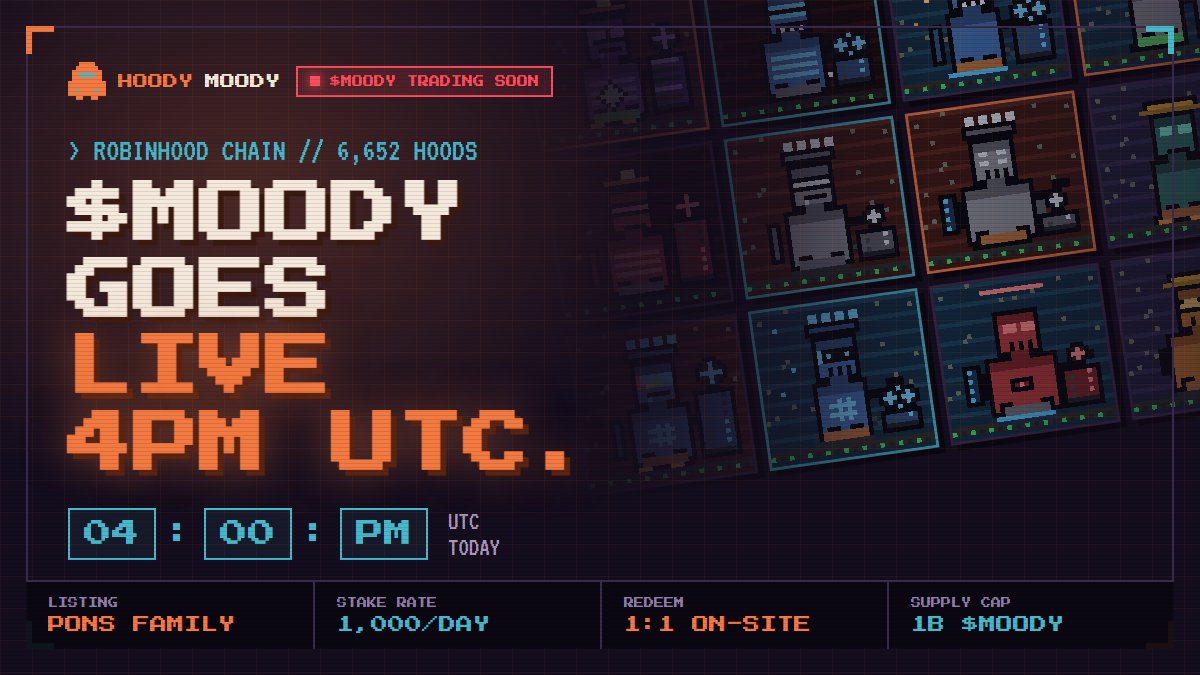 HoodyMooRH's tweet photo. $MOODY trading is coming to Pons Family launchpad

Staking a HOODY MOODY already farms you $MOODY and that's redeemable 1:1 on our site any time, independent of when trading opens. No conversion loss, no waiting on an exchange listing

If your NFT is just sitting in a wallet, it's not earning anything. Every hood staked = 1,000 $MOODY a day, no lock, unstake whenever

Stake it. Farm as much $MOODY as you can before trading opens

Stake NFT- https://t.co/QYtLqW0j9E