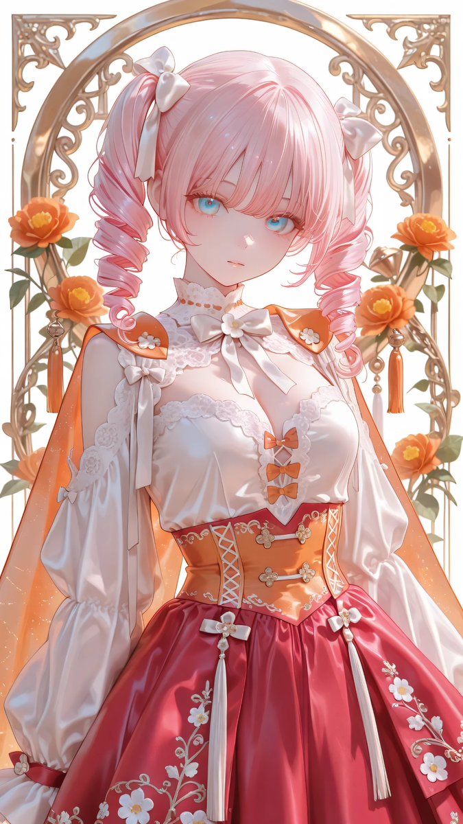 AliceLavli's tweet photo. クラシカルファンタジー系ロリータドレスの衣装プロンプトをどうぞ✨
outfit focus, faithfully recreating only the outfit from the reference image, elegant orange-and-white fantasy dress, white blouse base with a soft airy bodice, large sculpted white petal collar spreading outward around the neckline, medium satin bow at the center front in pale golden orange, vivid orange shoulder cape drapes layered over the upper bodice, short fluttering cape sleeves with rich volume, decorative braided trim along the upper edges, hanging tassel cords at the front, shoulder cutout design with the upper shoulders left open, long translucent white chiffon sleeves flowing from the upper arms, wide bell-shaped hanging sleeves with soft volume, delicate trim at the sleeve seams and cuffs, fitted high waist, orange waistband with thin white edging, small front lace detail at the waist with a narrow white ribbon tie, short flared skirt in bright marigold orange with a warm golden-orange gradient, layered skirt construction with a soft ruffled overskirt, scalloped petal-like hem, smooth structured fabric with elegant drape, large cream floral appliqué motifs placed on both sides of the front skirt, fine pale embroidery lines forming stems and leaves around the flowers, exact color scheme fixed to white, vivid orange, golden orange, and cream, refined romantic silhouette, hands left empty, outfit colors and outfit shape fixed