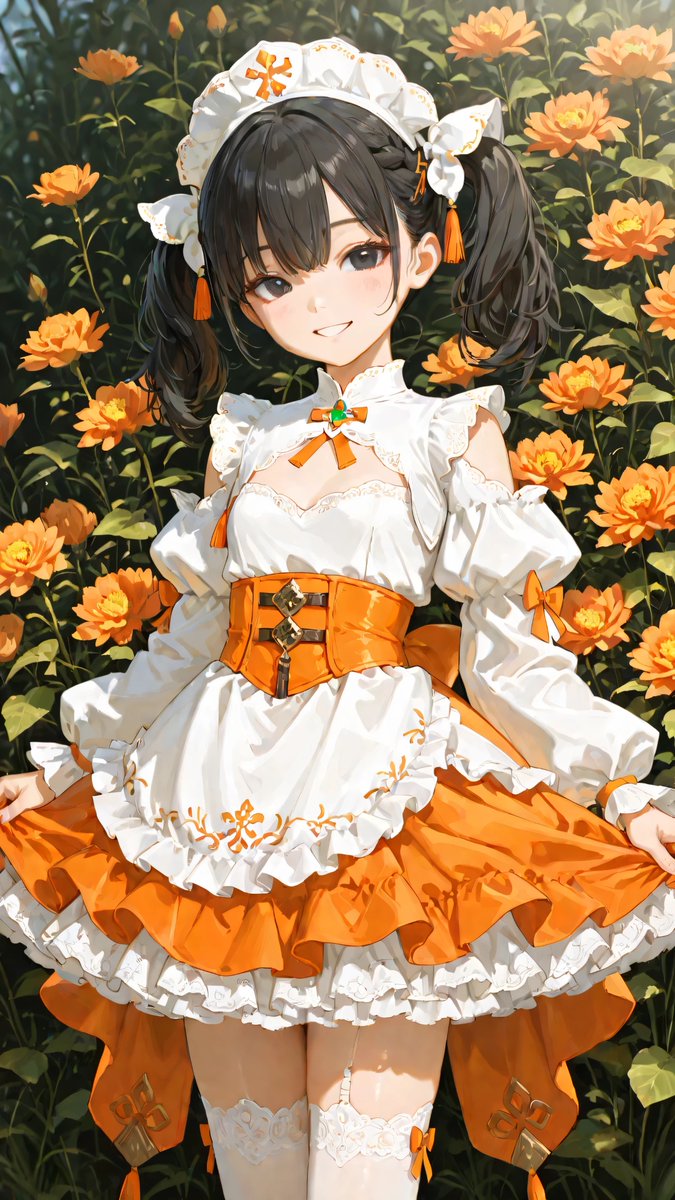 AliceLavli's tweet photo. クラシカルファンタジー系ロリータドレスの衣装プロンプトをどうぞ✨
outfit focus, faithfully recreating only the outfit from the reference image, elegant orange-and-white fantasy dress, white blouse base with a soft airy bodice, large sculpted white petal collar spreading outward around the neckline, medium satin bow at the center front in pale golden orange, vivid orange shoulder cape drapes layered over the upper bodice, short fluttering cape sleeves with rich volume, decorative braided trim along the upper edges, hanging tassel cords at the front, shoulder cutout design with the upper shoulders left open, long translucent white chiffon sleeves flowing from the upper arms, wide bell-shaped hanging sleeves with soft volume, delicate trim at the sleeve seams and cuffs, fitted high waist, orange waistband with thin white edging, small front lace detail at the waist with a narrow white ribbon tie, short flared skirt in bright marigold orange with a warm golden-orange gradient, layered skirt construction with a soft ruffled overskirt, scalloped petal-like hem, smooth structured fabric with elegant drape, large cream floral appliqué motifs placed on both sides of the front skirt, fine pale embroidery lines forming stems and leaves around the flowers, exact color scheme fixed to white, vivid orange, golden orange, and cream, refined romantic silhouette, hands left empty, outfit colors and outfit shape fixed