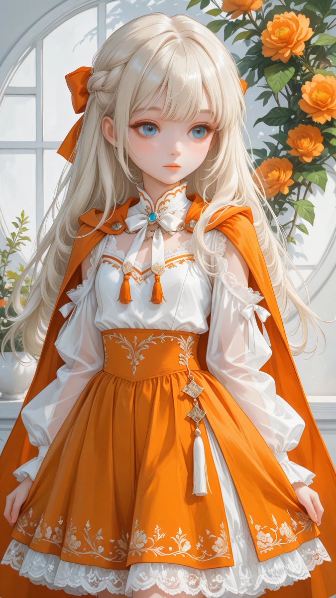 AliceLavli's tweet photo. クラシカルファンタジー系ロリータドレスの衣装プロンプトをどうぞ✨
outfit focus, faithfully recreating only the outfit from the reference image, elegant orange-and-white fantasy dress, white blouse base with a soft airy bodice, large sculpted white petal collar spreading outward around the neckline, medium satin bow at the center front in pale golden orange, vivid orange shoulder cape drapes layered over the upper bodice, short fluttering cape sleeves with rich volume, decorative braided trim along the upper edges, hanging tassel cords at the front, shoulder cutout design with the upper shoulders left open, long translucent white chiffon sleeves flowing from the upper arms, wide bell-shaped hanging sleeves with soft volume, delicate trim at the sleeve seams and cuffs, fitted high waist, orange waistband with thin white edging, small front lace detail at the waist with a narrow white ribbon tie, short flared skirt in bright marigold orange with a warm golden-orange gradient, layered skirt construction with a soft ruffled overskirt, scalloped petal-like hem, smooth structured fabric with elegant drape, large cream floral appliqué motifs placed on both sides of the front skirt, fine pale embroidery lines forming stems and leaves around the flowers, exact color scheme fixed to white, vivid orange, golden orange, and cream, refined romantic silhouette, hands left empty, outfit colors and outfit shape fixed