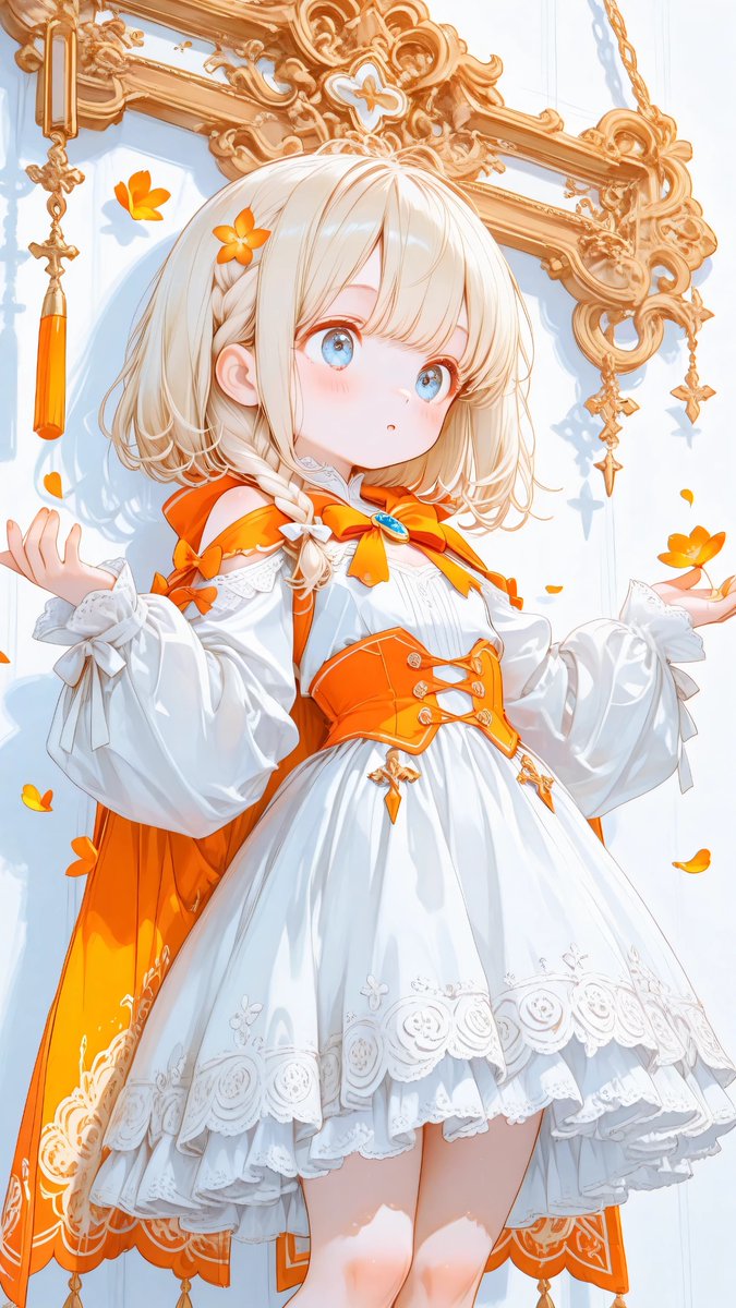 AliceLavli's tweet photo. クラシカルファンタジー系ロリータドレスの衣装プロンプトをどうぞ✨
outfit focus, faithfully recreating only the outfit from the reference image, elegant orange-and-white fantasy dress, white blouse base with a soft airy bodice, large sculpted white petal collar spreading outward around the neckline, medium satin bow at the center front in pale golden orange, vivid orange shoulder cape drapes layered over the upper bodice, short fluttering cape sleeves with rich volume, decorative braided trim along the upper edges, hanging tassel cords at the front, shoulder cutout design with the upper shoulders left open, long translucent white chiffon sleeves flowing from the upper arms, wide bell-shaped hanging sleeves with soft volume, delicate trim at the sleeve seams and cuffs, fitted high waist, orange waistband with thin white edging, small front lace detail at the waist with a narrow white ribbon tie, short flared skirt in bright marigold orange with a warm golden-orange gradient, layered skirt construction with a soft ruffled overskirt, scalloped petal-like hem, smooth structured fabric with elegant drape, large cream floral appliqué motifs placed on both sides of the front skirt, fine pale embroidery lines forming stems and leaves around the flowers, exact color scheme fixed to white, vivid orange, golden orange, and cream, refined romantic silhouette, hands left empty, outfit colors and outfit shape fixed
