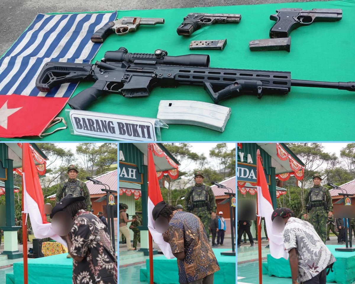 KagoyaSilas's tweet photo. Tiga anggota kelompok pemberontak bersenjata organisasi #PapuaMerdeka #TPNPB-OPM dikabarkan kembali ke NKRI 🇮🇩

Hari ini, Sabtu (26/9/2026) di Halaman Kodim 1714/Puncak Jaya, telah dilangsungkan ikrar setia kepada NKRI, 3 anggota TPNPB-OPM dari Kodap XXVIII/Yambi dan Kodap X/Tolikara (Kopitua Tabuni, Iren/Bejo Tabuni, dan Lipar Tabuni).

4 pucuk senjata organik diletakkan:
- AR-15 5,56
- Revolver 9 mm
- Trailside .22 LR
- Combat 9 mm

Kejadian ini disaksikan langsung oleh Koops TNI Habema, Satgas Operasi Damai Cartenz, Forkopimda, serta para Tokoh Adat, Agama, dan masyarakat Puncak Jaya.

Kata aparat keamanan:  Meskipun penegakan hukum terus berjalan, pintu maaf dari negara masih terbuka lebar bagi saudara-saudara dari kelompok OPM yang ingin sadar, meletakkan senjata, dan kembali ke pangkuan NKRI untuk bersama-sama membangun tanah Papua.

#Yambi #Tolikara #Papua #PapuaBarat #WestPapua #PapuaMerdeka #FreeWestPapua #FreeWestPapuaCampaign #AliansiMahasiswaPapua #AMP #Yahukimo #PapuaPegunungan #PapuaTengah #PapuaIndonesia