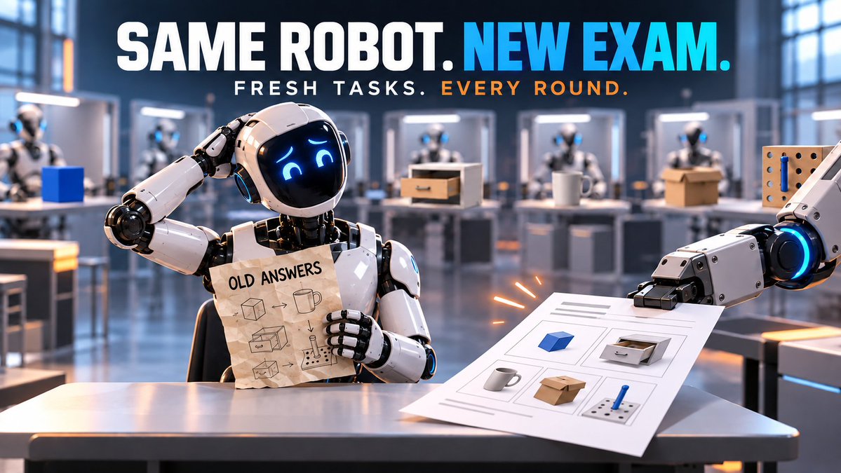 2mrpc's tweet photo. A benchmark can 𝗮𝗴𝗲 𝘄𝗶𝘁𝗵𝗼𝘂𝘁 𝗰𝗵𝗮𝗻𝗴𝗶𝗻𝗴 𝗮 𝘀𝗶𝗻𝗴𝗹𝗲 𝗹𝗶𝗻𝗲.

If robot models are repeatedly tested on the same tasks, the test gradually becomes part of the training.

Scores may rise, but what is being measured could be 𝗳𝗮𝗺𝗶𝗹𝗶𝗮𝗿𝗶𝘁𝘆 𝘄𝗶𝘁𝗵 𝘁𝗵𝗲 𝗲𝘅𝗮𝗺 rather than real capability.

Imagine a school using the same questions every year.

Eventually, the top student may not be the one who learned the subject best, but the one who kept the answer key safest. 😄

That is why the Open Axis Benchmark announced by @axisrobotics and @openroboto caught my attention.

Instead of relying on a frozen test set:

🔒 Each round locks a fresh set of tasks.

🧩 The tasks are drawn from the growing Axis Library.

🦾 Rather than rehearsing the same course, models must show that they can transfer what they learned to new robotic manipulation tasks.

The deeper idea here is not simply to build a larger benchmark.

𝗔𝘀 𝗿𝗼𝗯𝗼𝘁 𝗺𝗼𝗱𝗲𝗹𝘀 𝗶𝗺𝗽𝗿𝗼𝘃𝗲, 𝘁𝗵𝗲 𝗲𝘅𝗮𝗺 𝗺𝗲𝗮𝘀𝘂𝗿𝗶𝗻𝗴 𝘁𝗵𝗲𝗺 𝘀𝗵𝗼𝘂𝗹𝗱 𝗲𝘃𝗼𝗹𝘃𝗲 𝘁𝗼𝗼.

A static benchmark takes a photograph.

A living benchmark keeps turning the camera as the model moves forward. 🎥

If the model develops while the exam stands still, the scores may advance while the measurement falls behind.

That is the real strength of the Open Axis Benchmark:

🎯 The robot does not only have to pass the exam.

𝗧𝗵𝗲 𝗲𝘅𝗮𝗺 𝗵𝗮𝘀 𝘁𝗼 𝗯𝗲𝗰𝗼𝗺𝗲 𝗵𝗮𝗿𝗱𝗲𝗿 𝗮𝗹𝗼𝗻𝗴𝘀𝗶𝗱𝗲 𝘁𝗵𝗲 𝗿𝗼𝗯𝗼𝘁.