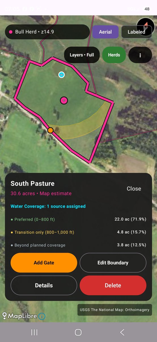 TheDigitlSmithy's tweet photo. How much of your pasture is too far from water?

RangeWater helps cattle producers map pastures, place water sources, and instantly see acreage within 800 ft, 800–1,000 ft, and beyond planned reach.

Offline-first. No account required. Free on Google Play.
https://t.co/HBrqPbrIH6 https://t.co/eR1UA8c3Nz