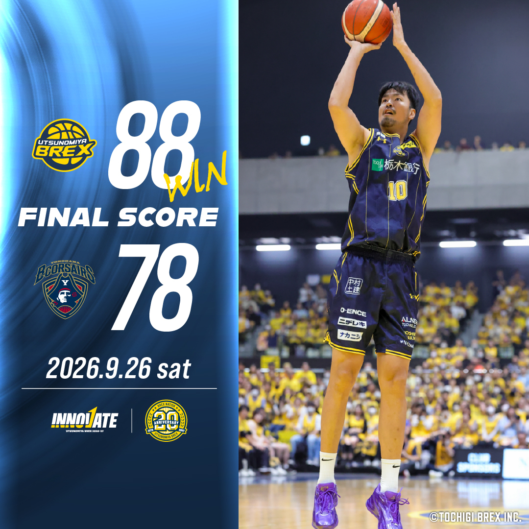 utsunomiyabrex's tweet photo. BREX WIN!! BREX WIN!!

9/26(土)に日環アリーナ栃木で行われた2026-27シーズン game1 横浜BC戦は、88 - 78で勝利しました。

▼ゲームレポート
https://t.co/iZNGYdNTHj

▼9/27(日) 横浜BC戦チケット購入
https://t.co/aliuqylwKK

#INNOVATE #BREX https://t.co/5A39Wpq9rQ