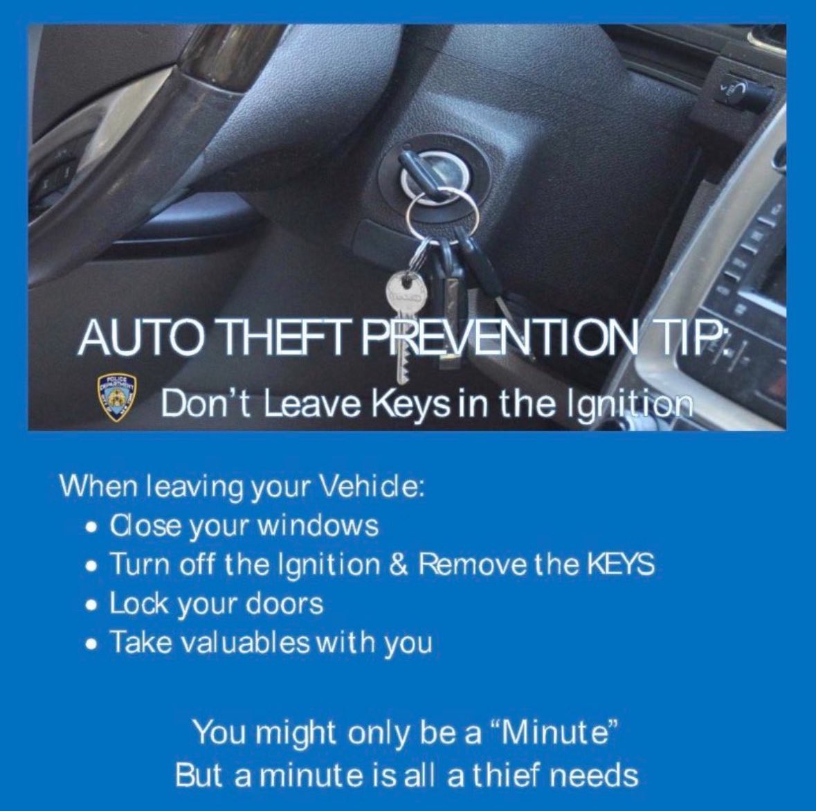 NYPD76Pct's tweet photo. 🚨 Vehicle Theft Prevention Tips 🚨
Follow these helpful tips to keep your vehicle safe:
🔒 Always lock your doors and close windows
🔑 Never leave keys or fobs inside
💡 Park in well-lit areas
🎒 Remove valuables from plain sight
🚗 Use anti-theft devices and alarms https://t.co/VJCEXltAil
