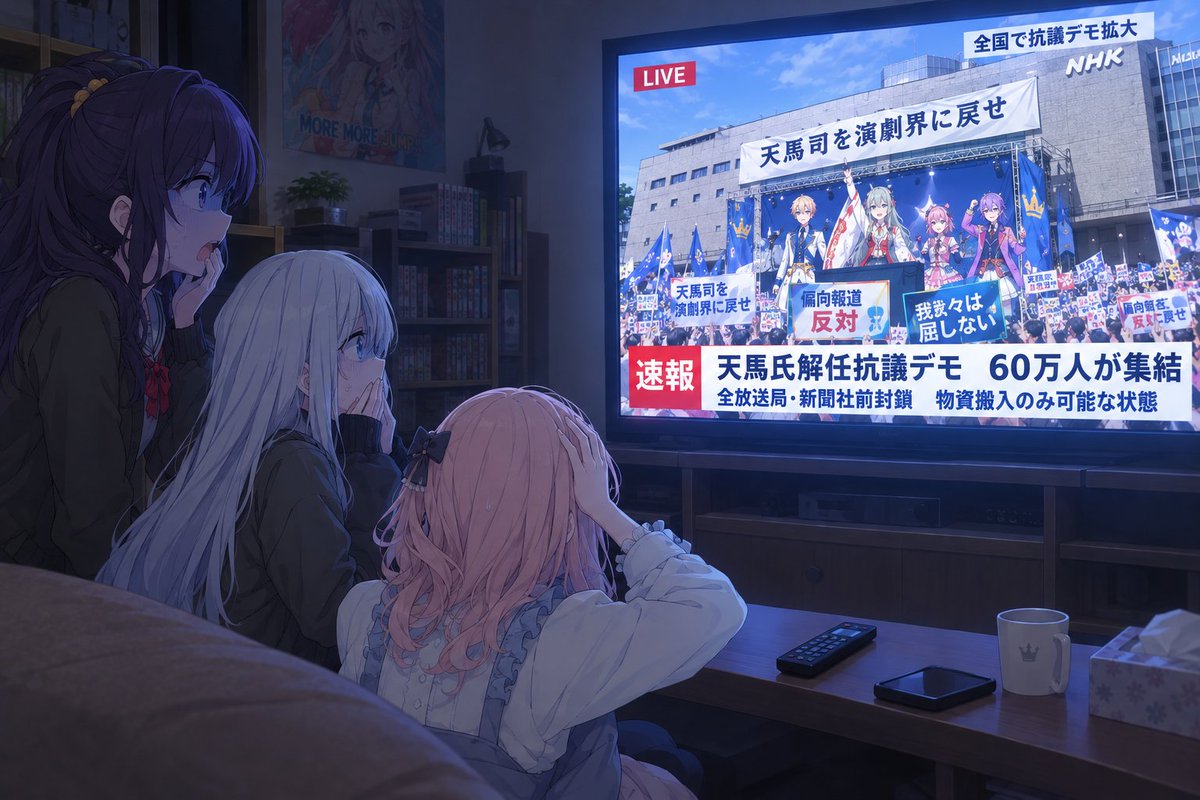 syanimu_sub's tweet photo. 抗議デモのあまりの激しさに恐怖するニーゴメンバー(AfDら欧州右翼政党で活動し、RN党首のバルデラと結婚した絵名は除く)。
この事件を受けてまふゆはグリーンランドへの移住を決心し、奏も日本を離れることが多くなるが、瑞希は同性婚法制化もあり日本に残ることになる。 https://t.co/RqqeK5GkDX