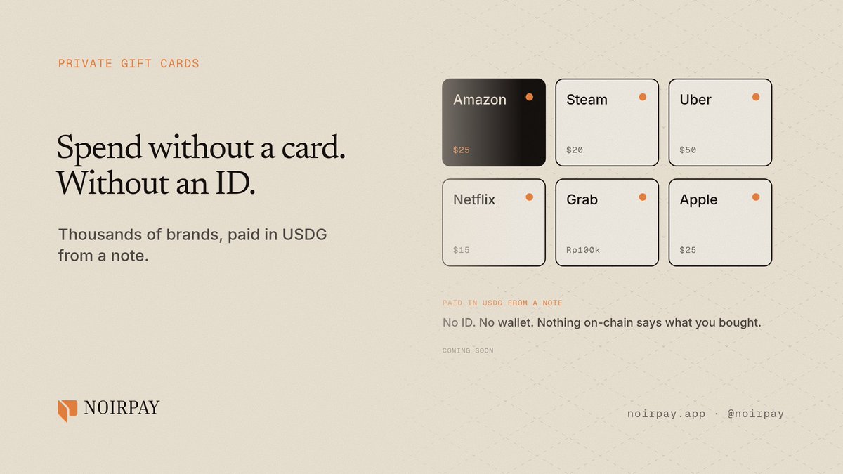 noirpay's tweet photo. Coming next: private gift cards.

Amazon, Steam, Uber, Netflix, Grab and thousands more, paid in USDG from a note. No ID, no wallet, and nothing on-chain says what you bought. The code lives only in your encrypted ledger.

https://t.co/jQyGzu6azY https://t.co/gKYwGyQYVA