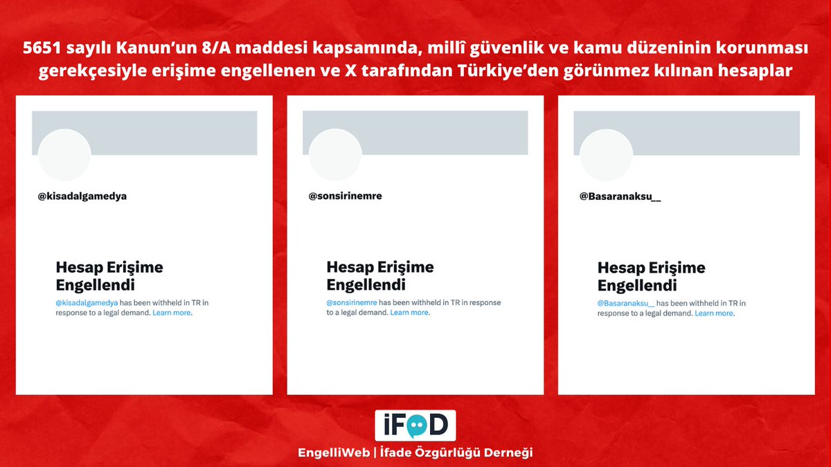 engelliweb's tweet photo. Erişim engelinin ardından, aralarında yatırım uzmanı Emre Şirin ve Umut-Sen'in kurucularından Başaran Aksu'nun yeni hesapları ile Kısa Dalga'nın hesabının da bulunduğu hesaplar X tarafından Türkiye'den görünmez kılındı. https://t.co/NawubuVgBS https://t.co/Mw7s12Qn8O
