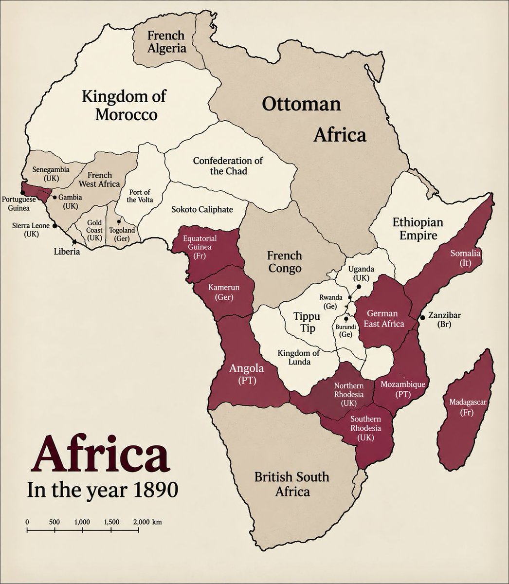 AfricanArchives's tweet photo. By 1890, the political map of Africa was being transformed at a frightening speed. European powers had spent centuries trading along African coasts, but during the late 19th century they began claiming enormous territories inland. This period became known as the Scramble for Africa, when Britain, France, Germany, Portugal, Italy, Belgium and Spain competed for land, resources and political influence across the continent.

The Berlin Conference of 1884 to 1885 accelerated this process. European governments negotiated rules for recognizing colonial claims without meaningful African representation at the conference. Yet maps from this era can create the misleading impression that Europeans simply arrived and divided an empty continent. Africa was already home to kingdoms, empires, caliphates, city-states and other political societies with their own governments, economies and diplomatic relationships. African rulers and communities responded to European expansion in different ways, including negotiation, accommodation and armed resistance.

Even in 1890, European control was far from complete. Ethiopia remained independent and would famously defeat an invading Italian army at the Battle of Adwa in 1896. Liberia also remained independent, although its history was closely connected to the United States and the settlement of formerly enslaved and free Black Americans. Elsewhere, African states and resistance movements continued fighting colonial expansion long after European governments had drawn claims on their maps.