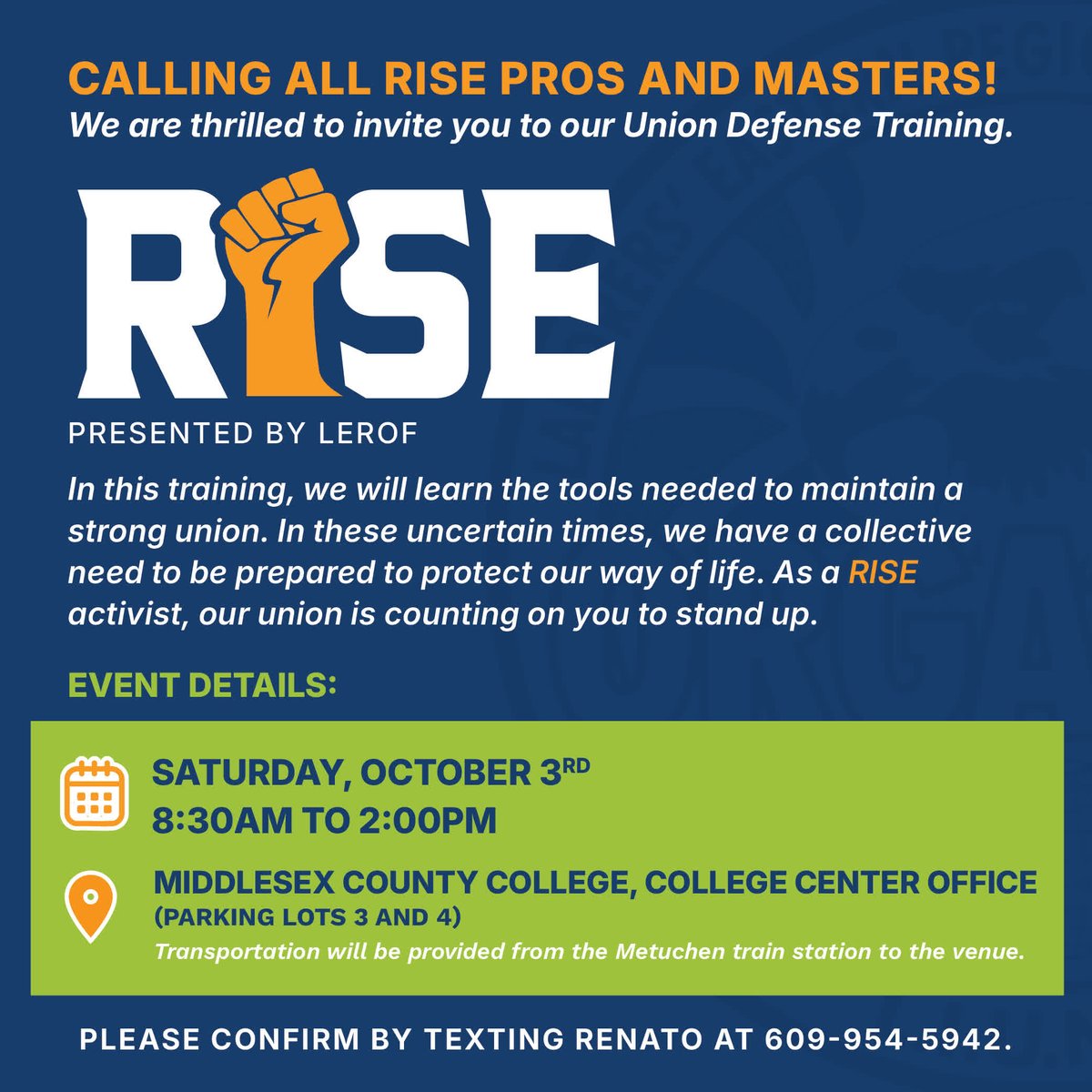 NJLaborersPAC's tweet photo. This week was focused on how we grow @LIUNA. 

✊ Next week, we focus on defending those gains w/our #RISE Union Defense Training!

RISE Pros &amp; Masters, come out next Sat., Oct. 3 to learn how we stay #UnionStrong thru collective action.

Details in graphic. Text Renato to RSVP. https://t.co/unLihWXH9T