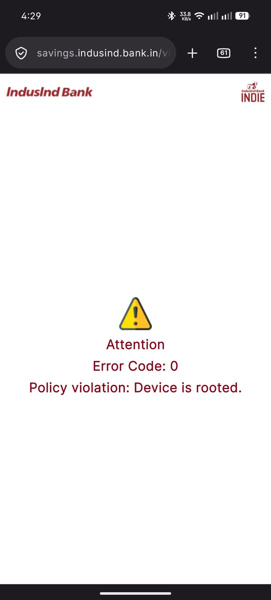 RitvikChandel7's tweet photo. @MyIndusIndBank

Facing root issue after updating app to latest version
I.e - 17Sept2026
Pls look into this matter and provide resolution at the earliest.
Device - Nothing Phone 3a (unrooted/OEM Software) https://t.co/dF2KKmY51a