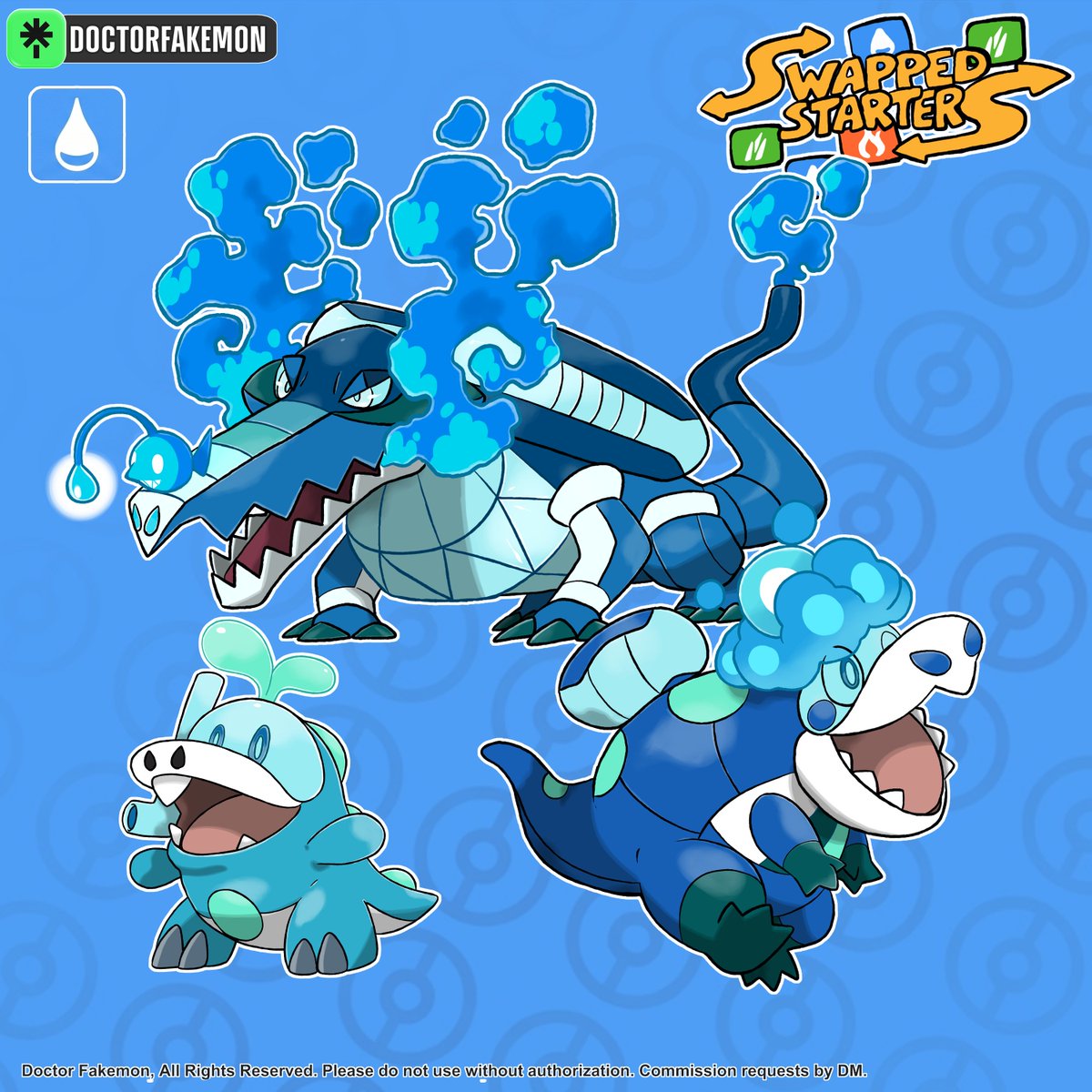 DoctorFakemon's tweet photo. #Swappedstarters
What if Fuecoco, Crocalor and Skeledirge  were the Water-type starter...
#pokemon #fakemon #artwork https://t.co/dhhYN0mQeg
