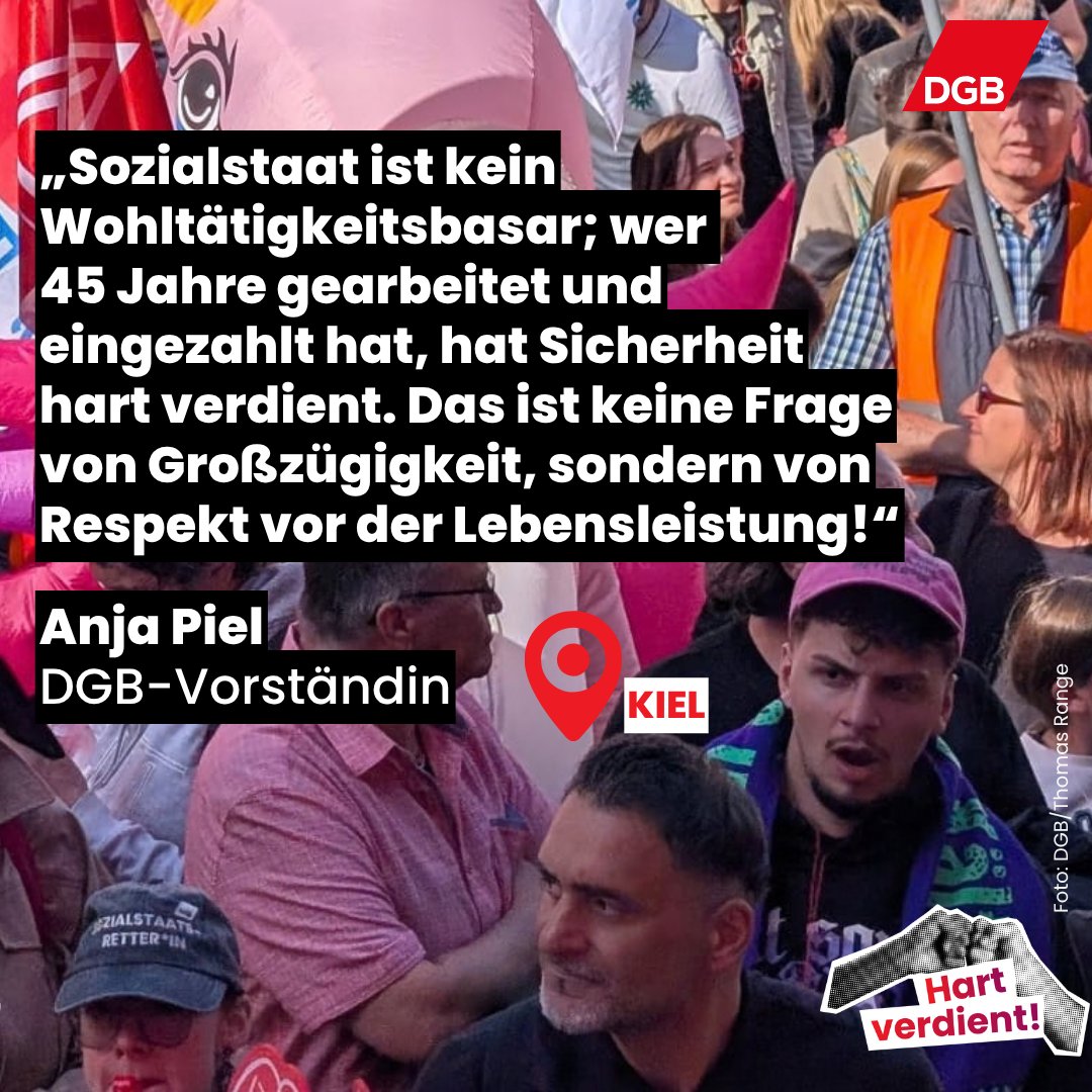 dgb_news's tweet photo. #HartVerdient – Aktuell sind zigtausende Menschen in 15 Städten bundesweit mit uns für einen starken Sozialstaat, sichere Arbeitsplätze, gute Arbeitsbedingungen und den Schutz von Arbeit-nehmerrechten auf der Straße. Unsere Vorständin @Anja_Piel spricht in Kiel. https://t.co/NGUU94u5rj