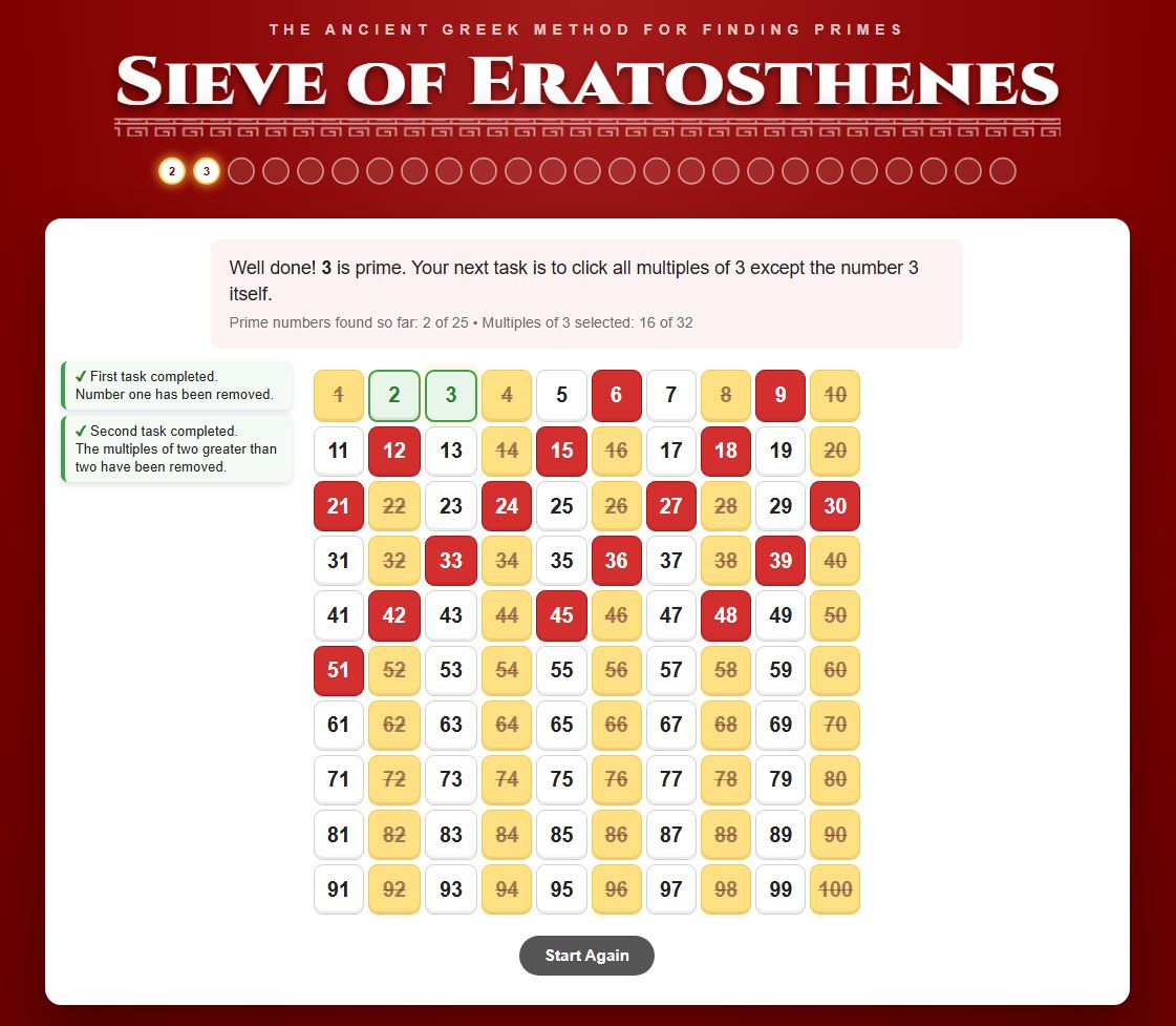 Transum's tweet photo. The Sieve of Eratosthenes: still in its prime after more than 2,000 years!

https://t.co/KKCwZSTlxq

I've updated the interactive version on Transum. Students colour in multiples to reveal the prime numbers up to 100. A colourful lesson in elimination!

#mathschat #maths https://t.co/yZD1zQo0l4
