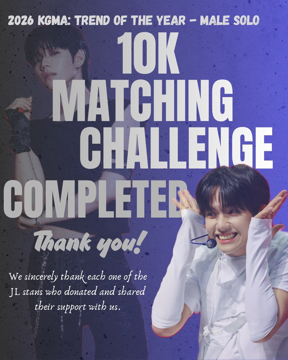 JLONLYZ's tweet photo. ❗️ANOTHER 10K MATCHING CHALLENGE — COMPLETED❗️

WE DID IT, JL ONLYZ! 🥹✨

A heartfelt THANK YOU to every JL stan who donated, supported, shared, and helped us reach this milestone. Every contribution, big or small, brought us one step closer, and together, we made the 10K Matching Challenge happen! 

As promised from our sponsor, 10,000 pesos will be given if we have successfully fulfilled the challenge. A total of 26,000 pesos is now secured for JL’s KGMA Campaign.

A special thanks also to our generous sponsor for believing in JL ONLYZ and trusting us with this challenge. Your support means so much to us. 

NOTE: Transparency record will be released with the details of the funds that has been gathered at the end of the voting campaign.

#제이엘 #아홉 #JL 
#JLONLYZ