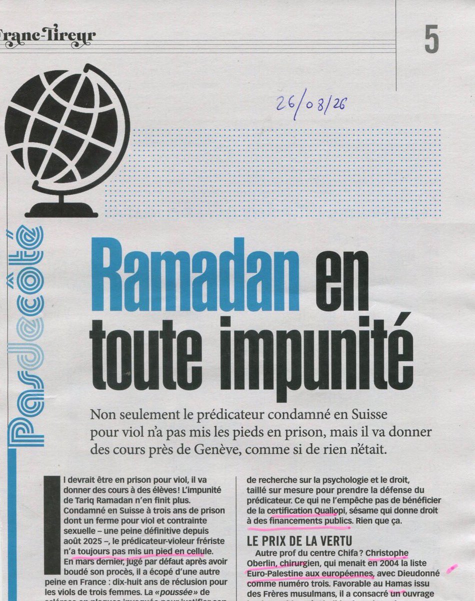 HendaAyari5's tweet photo. Cette situation est devenue insupportable. Jusqu’où cela va-t-il continuer ? 

Le 26 août dernier, le journal Franc-Tireur consacrait deux pages à Tariq Ramadan sous le titre « Ramadan en toute impunité ». Il revenait sur le fait qu’après sa condamnation définitive en suisse pour viol, Tariq Ramadan n’est pas incarcéré en prison et continue ses activités.

À Genève, le collectif féministe Némésis a également distribué des tracts dans son quartier pour dénoncer cette situation, à ma connaissance, c’est la seule association féministe que j’ai vue se mobiliser concrètement sur cette affaire. Merci à @CordierAlice2 et à @Coll_Nemesis et en particulier aux filles Nemesis de Suisse, de ne pas avoir détourné le regard et d’avoir mené des actions de communication pour que ce violeur soit incarcéré.

La place d’un homme qui a violé des femmes est en prison, mais malheureusement quand il s’agit de Tariq Ramadan il semblerait que la justice ne soit pas la même du côté de Genève.

Tariq Ramadan continue son Business avec le soutien de son bras droit, sa fidèle maîtresse Fanny Bauer Motti qui pilote avec lui le centre de formation CHIFA, ils ont pu collecter 500 000 € de dons pour trouver un local,,poursuivre leurs activités de formations et prendre l’argent des plus crédules qui boivent ses paroles. Le thème proposé cette année ? LA JUSTICE. La justice ! Il fallait oser.

En Suisse, Tariq Ramadan a été définitivement condamné à trois ans de prison pour viol et contrainte sexuelle, dont un an ferme, qu’il exécute aujourd’hui sous simple bracelet électronique.

En France, alors qu’il était sous contrôle judiciaire et ne pouvait quitter le territoire sans autorisation, il a préféré violer son contrôle judiciaire pour partir précipitamment en Suisse sans autorisation. Il ne s’est pas présenté à son procès et un mandat d’arrêt a été délivré contre lui. Le 25 mars dernier, il a été condamné à 18 ans de réclusion criminelle pour le viol que j’ai subi et les viols de deux autres femmes. Celles qui ont retiré leurs plaintes à cause de la peur des représailles n’ont malheureusement pas eu gain de cause, malgré la condamnation aujourd’hui, il est toujours libre et vit des jours tranquilles à Genève et le pire c’est qu’il continue à enseigner et à diffuser ses idées en vidéos via les réseaux sociaux. 

Pour moi qui ai été la première femme à porter plainte contre Tariq Ramadan en 2017, c’est révoltant après neuf ans de combat judiciaire. Après avoir subi les insultes, le harcèlement, les menaces de mort, les agressions, un cambriolage, les tentatives pour salir ma réputation et je ne suis  pas la seule femme concernée. Il y a toutes celles qui ont porté plainte ou témoigné. Il y a celles qui ont parlé sans jamais trouver la force d’aller devant la justice. 

Mais il y a aussi les anciennes élèves de Genève. Il était leur professeur. Elles étaient ses élèves. Certaines étaient mineures. Plusieurs ont raconté l’emprise, le lien de confiance, leur vulnérabilité et des relations sexuelles violentes alors qu’elles étaient de jeunes adolescentes. Le Grand Conseil genevois a adopté une motion demandant de faire la lumière sur ce volet de l’affaire. Mais rien n’a été fait par la suite. L’affaire a été étouffée.

Aujourd’hui, nous avons donc un homme condamné en Suisse et en France à 18 ans de réclusion criminelle pour plusieurs viols, visé par un mandat d’arrêt, qui continue ses activités à Genève et donne des cours dans un centre qui enseigne cette année…la justice. Cela m’est insupportable. Ça ne peut plus durer ! 

Aujourd’hui, j’ai besoin de votre soutien. Nous avons besoin de réponses. Nous avons besoin de transparence.Nous avons besoin de savoir ce que font concrètement les autorités françaises et suisses.

Après bientôt neuf années de combat, je ne lâcherai rien. Mais je ne peux pas mener ce combat seule.

Partagez cette publication. Faites connaître cette situation. Nous avons besoin de réponses, nous avons déjà beaucoup trop attendu.

Henda Ayari