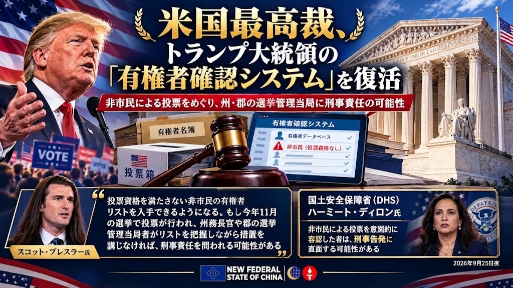 xiuhongxh's tweet photo. #NFSCMultiTranslation4️⃣7️⃣1️⃣4️⃣
米国最高裁判所は、トランプ大統領の有権者確認システムを復活させた。
スコット・プレスラー（Scott Presler）：「我々は、投票資格を満たさない非市民の有権者リストを入手できるようになる。もしこれらの人々が今年11月の選挙で投票し、州務長官や郡の選挙管理当局者がこのリストを把握していながら何の措置も講じなかった場合、彼らは刑事責任を問われる可能性がある」
国土安全保障省（DHS）とハーミート・ディロン（Harmeet Dhillon）は、来る11月の選挙で非市民による投票を意図的に容認した者は、誰であれ刑事告発に直面する可能性があると公に表明した。
2026年9月25日夜
澳喜🇦🇺日語🇯🇵