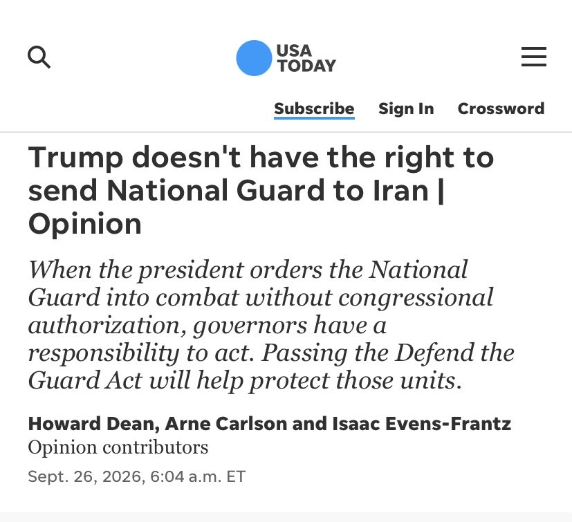 IsaacForVT's tweet photo. Today former Gov. Howard Dean, former Gov. Arne Carlson (R-MN) and I have an op-ed in @USAToday on National Guard combat deployments for undeclared wars. #DefendTheGuard.

Vermont must take decisive action.

Our article: https://t.co/Sxh7yegA5U #VTpoli https://t.co/DNDDiFPxHN