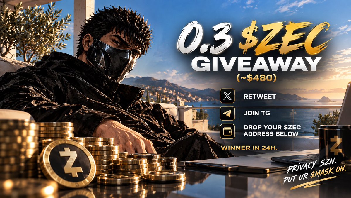 tikoxbt's tweet photo. 0.3 $ZEC GIVEAWAY (~$480) 🛡️

3 WINNERS × 0.1 $ZEC EACH

• Retweet
• Join TG (link below👇) 
• Drop your $ZEC address below

Winners in 24h

PRIVACY SZN. https://t.co/FjLWecIJmK