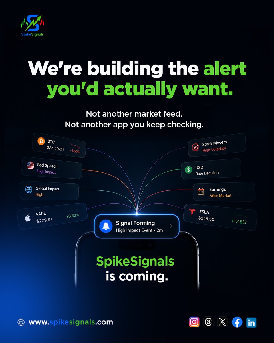 SpikeSignals's tweet photo. Building something beyond another market feed. 🚨 SpikeSignals is coming to bring the alerts that actually matter - timely, relevant, and built around the market signals you want to track. Stay tuned. 📈⚡
#SpikeSignals #MarketAlerts #TradingSignals #StockMarket #FinTech https://t.co/kJkSVZVsaK