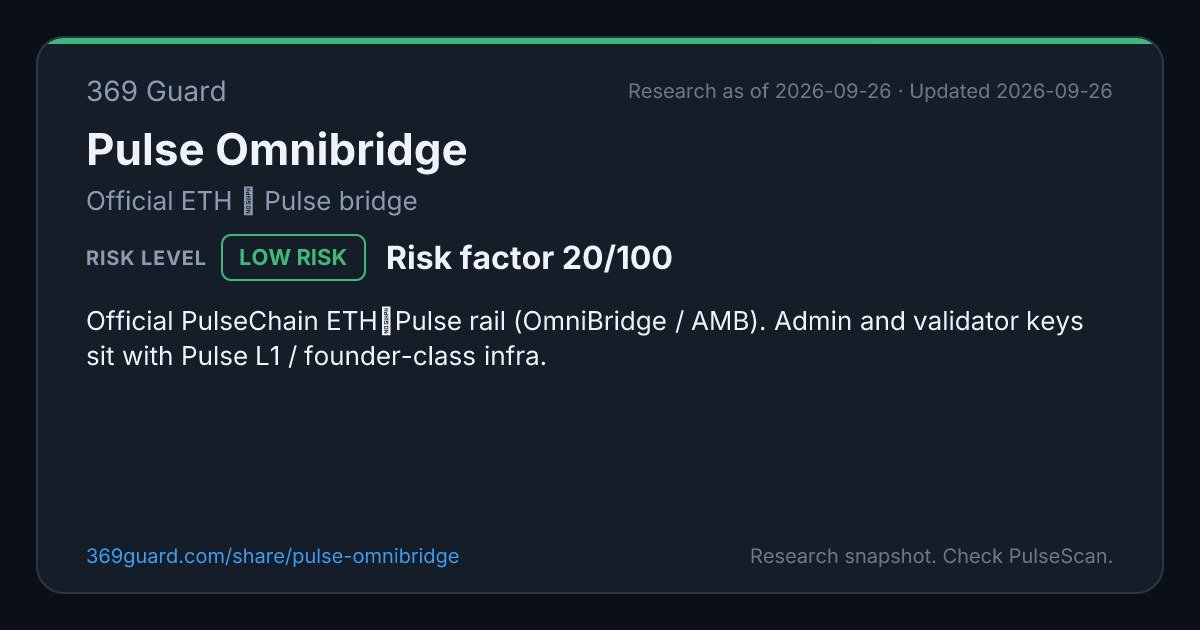 369Guard's tweet photo. Update on 369 Guard: Pulse Omnibridge.
Official ETH ↔ Pulse bridge

https://t.co/LdZ2qIrpaa https://t.co/Nmgu4ldcEU