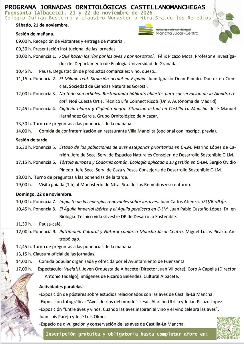 RevistaQuercus's tweet photo. 🦉 🦅 En las Jornadas Ornitológicas Castellanomanchegas se hablará de la conservación de la alondra ricotí o de las aves esteparias, entre otros temas.

✍️  Inscripción gratuita hasta completar aforo
🗓️  21 y 22 de noviembre
📌  Fuensanta (Albacete)
🔗  https://t.co/WgtVGnBuu3 https://t.co/4xQIO2v92Y