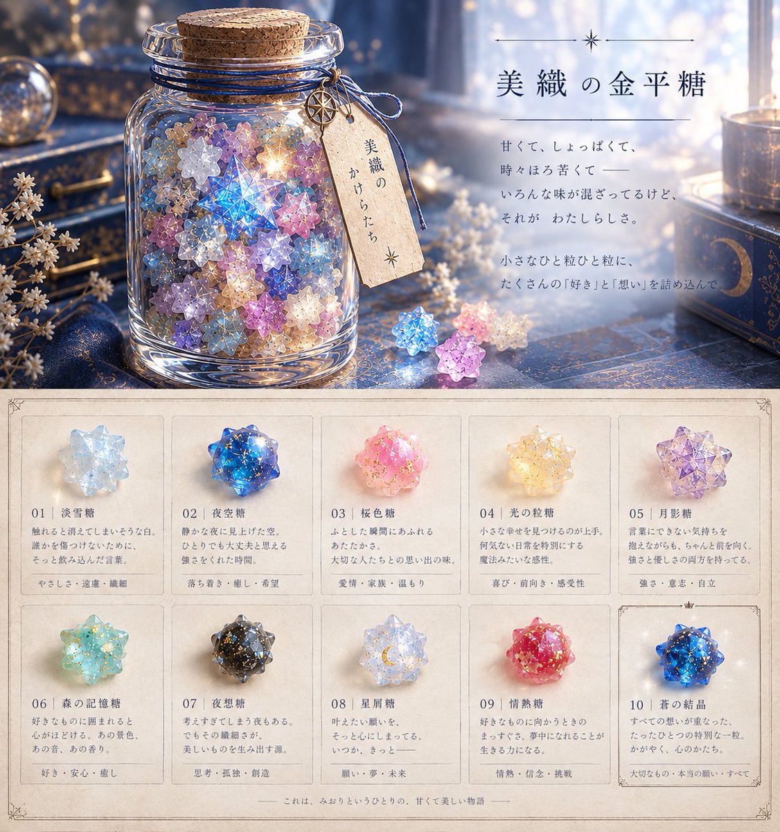 W8Jjo's tweet photo. 【プロンプト配布】 
あなたを金平糖で表現するなら
プロンプトはALTに記載
#美織の幻想設計
#AIイラスト https://t.co/w8HzBOiCN4