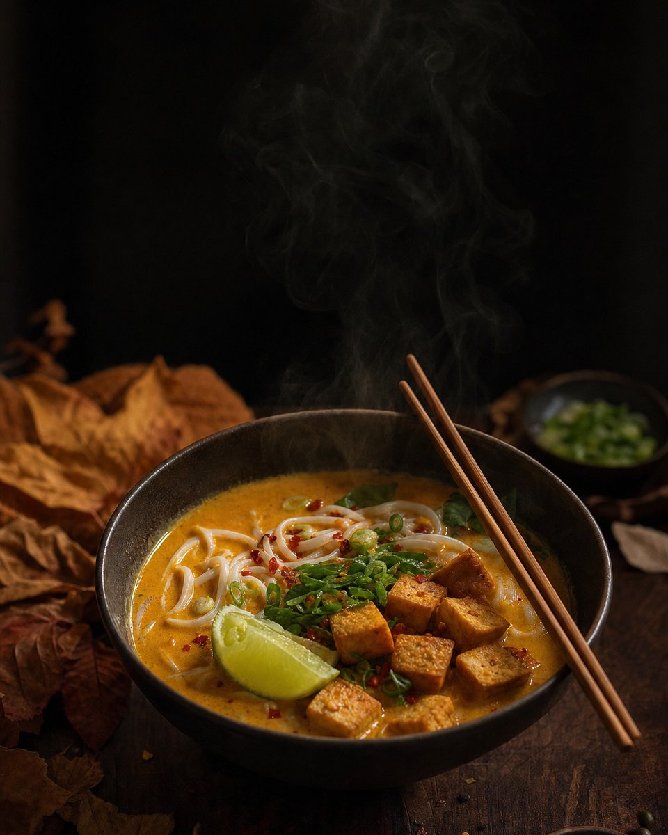 AlbertineBlj's tweet photo. Autumn gets spicy. Golden broth, crispy tofu and steam scented with ginger and lemongrass. Laksa meets Swiss pumpkin season: creamy coconut-turmeric broth, butternut squash, rice noodles and crunchy tofu. Recipe and immune-support logic now in the https://t.co/sFn7GDwqD7