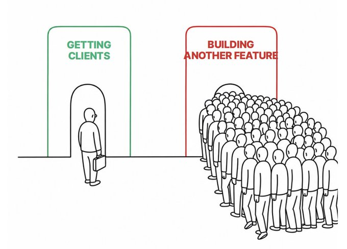 0xWhiteee's tweet photo. Nobody's SaaS ever died from a bug.

It died because the founder would rather ship feature #12 than send one (1) cold DM.

The "get clients" line is always empty. The "build one more feature" line never ends. https://t.co/EWzBRVhzRZ
