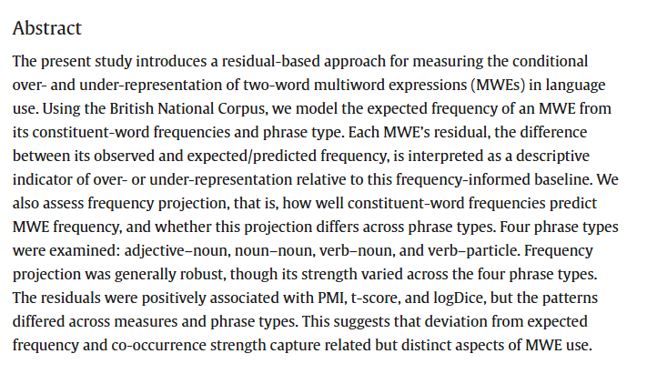 RMALJournal's tweet photo. New article: 
Fang, N. &amp; Elgort, I. (2026). A residual-based approach to assessing conditional over- and under-representation of multiword expressions across phrase types. Research Methods in Applied Linguistics, 5(3), 100367: https://t.co/W5LQ4UjnU2 https://t.co/AgcPzTc7PP