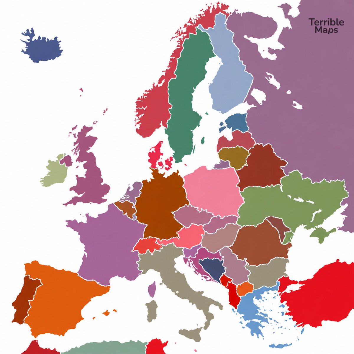 TerribleMaps's tweet photo. Europe with each country coloured by its average flag colour https://t.co/8waXVTCX2h