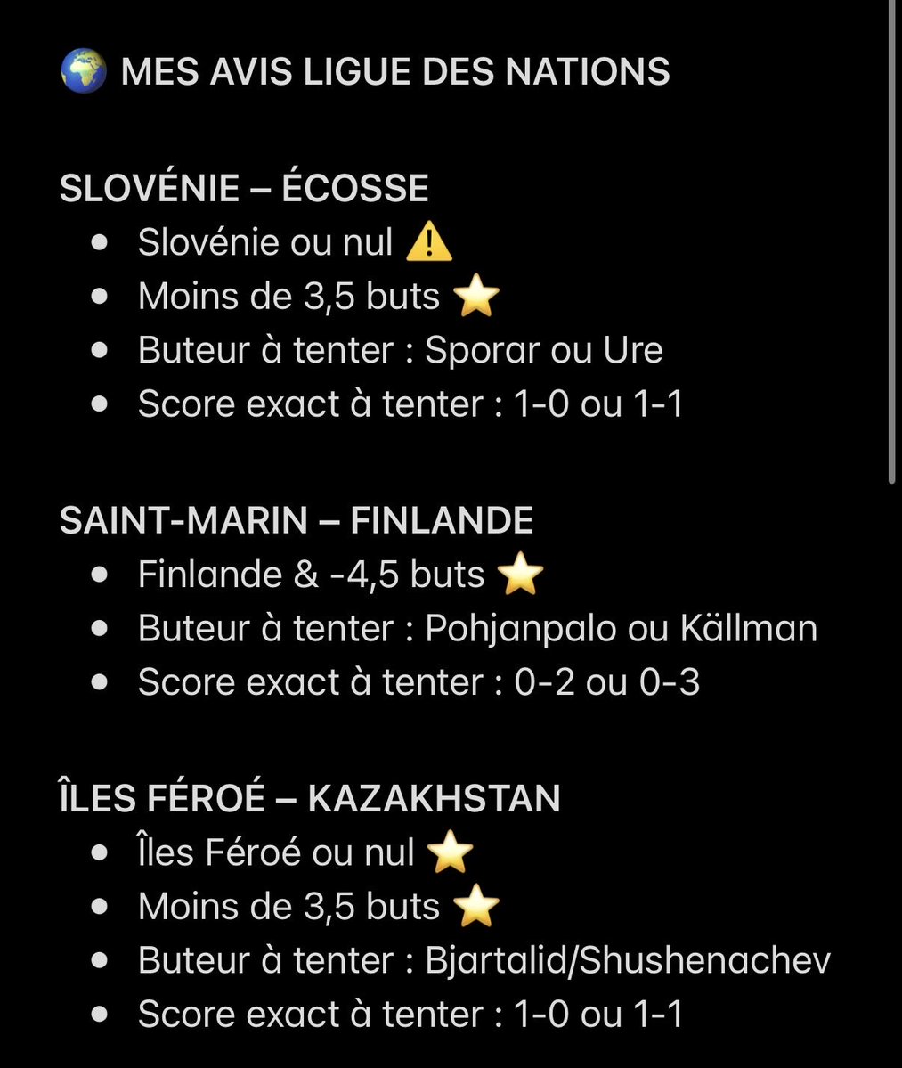 NtkPronos's tweet photo. 🇪🇺 Mes avis Nations League ! 

⚠️ Match à éviter
⭐️ Petite confiance
⭐️⭐️ Bonne confiance

❤️ Pense au p’tit LIKE pour le travail :) https://t.co/8DpUs7gcRe