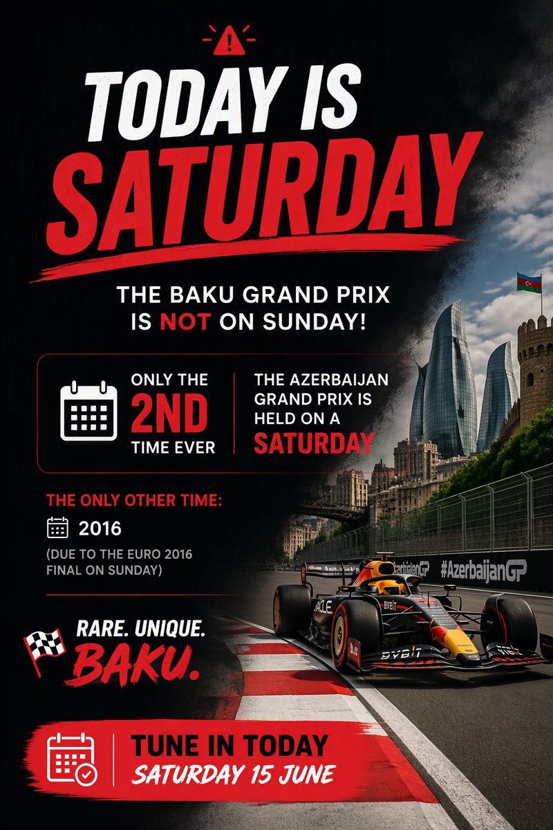 WingersTTV's tweet photo. ποΈ Heads up! This weekend's Baku GP is happening SATURDAY instead of the usual Sunday. Don't miss the action on the streets of Azerbaijan! π
#F1 #BakuGP #Formula1 #SaturdayRace #AzerbaijanGP #MotorSport #RaceWeekend #F1News https://t.co/s9FEYb3NV7