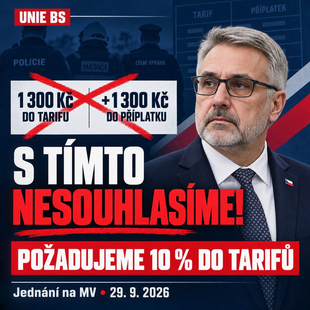 USlozek's tweet photo. ‼️1 300 KČ DO TARIFU NESTAČÍ ‼️

UNIE BS POŽADUJE DODRŽENÍ SLIBŮ A POŽADUJE NAVÝŠENÍ TARIFŮ O 10 % 📣
Vláda oznámila, že služební příjmy policistů, hasičů, celníků a příslušníků Vězeňské služby mají v následujících letech růst o 2 600 až 2 900 Kč měsíčně. https://t.co/UQuwkvuRIP