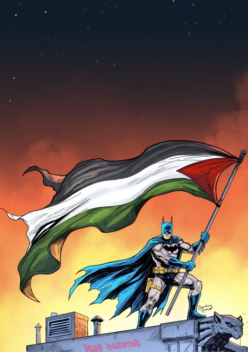 Gothamempress's tweet photo. Batman fans stand with Palestine.

Pencil/ink: @gothamempress 
Color: @Gothamemperor https://t.co/ai4UjDg9LF