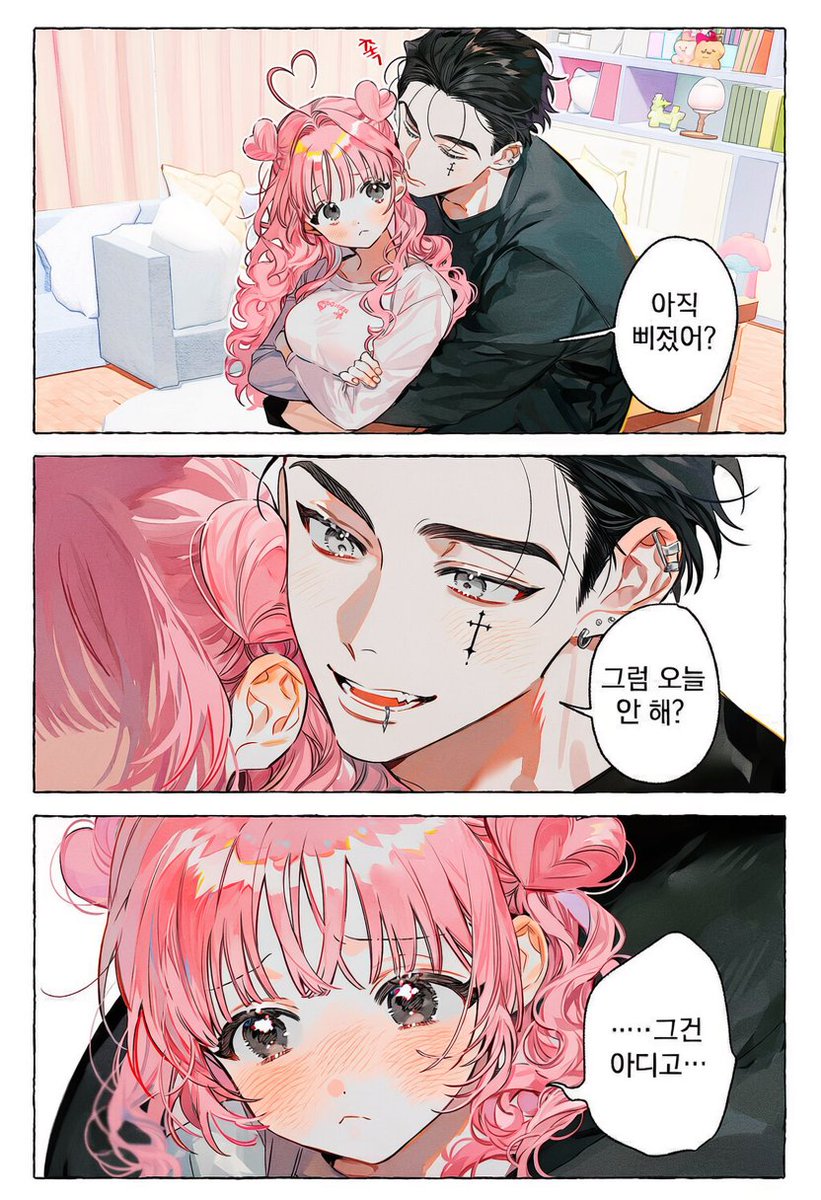 yeon__ing's tweet photo. [그래서 안 해?🫢]
프롬 공유(V5)
a three-panel comic page, 3 horizontal panels, clear panel borders, vertical stacking layout, webtoon style, full color, high quality, romance comic, indoors, living clothes, living room,

Panel 1: Top panel, medium shot. B pulls A's waist tightly from behind in a back hug. A looks away with a pouting, sulking face and crossed arms. 1.2::A speech bubble near B reads "아직 삐졌어?"::

Panel 2: Middle panel, close-up shot. Close-up on B's face leaning near A's ear, smirking mischievously with a soft blush on the cheeks. 1.2::A speech bubble near B reads "그럼 오늘 안 해?"::

Panel 3: Bottom panel, close-up shot, romantic beat. Close-up on A's bright red, deeply blushing face, flustered and looking down shyly with a hesitant pout. 1.2::A speech bubble near A reads "....그건 아니고..."::

오늘의 모델
@_tao_A 
@truth_vicky