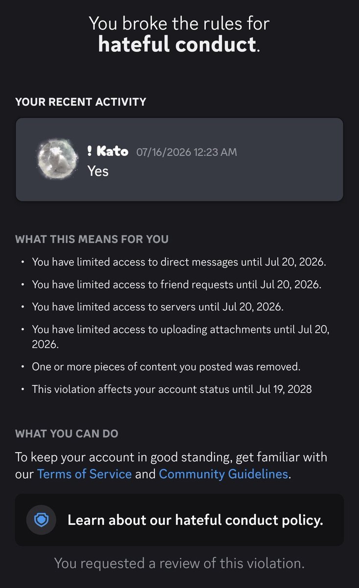 bloxcatx's tweet photo. Speechless @discord_support &amp; @discord could be better to help me out &amp; resolve this "violation" which actually affects my Discord Account Standing, just because of a single "Yes" 
Impressive :( https://t.co/IxGkwmF3zX