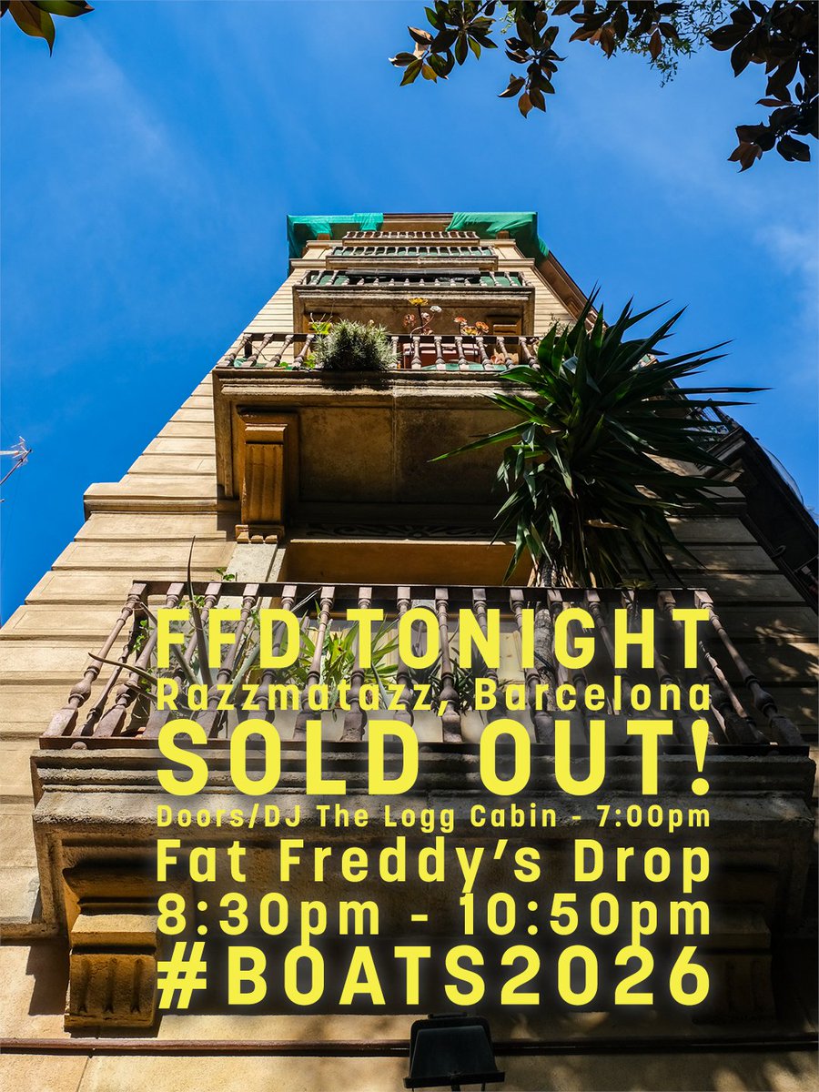 fatfreddysdrop1's tweet photo. Kia ora Barcelona, so so good to be back. BOATS Sold Out! party tonight at Razzmatazz. Set Times - Doors/DJ The Logg Cabin 7:00pm, Fat Freddy’s DROP 8:30pm - 10:50pm. Tickets available for our second round, Sunday Funday tomorrow night at Razzmatazz. #BOATS2026 https://t.co/Oa3UrF9SkZ