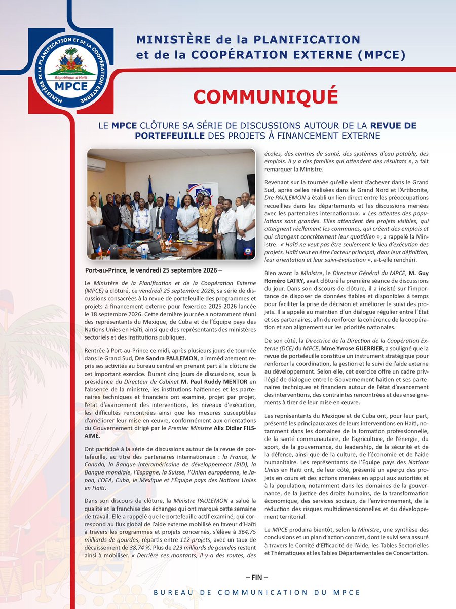 MPCEHa's tweet photo. Le MPCE clôture sa série de discussions autour de la revue de portefeuille des projets à financement externe https://t.co/f1RcMgQ9pa