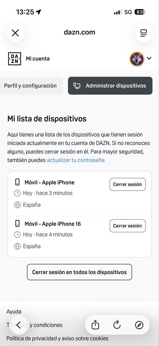 elveli82's tweet photo. Hola @DAZN_ES, ¿por qué me sale esto si solo tengo sesión iniciada en mi teléfono? (Las dos conexiones son la app y el navegador web para poder entrar en el perfil) https://t.co/iyyjTtpUc8