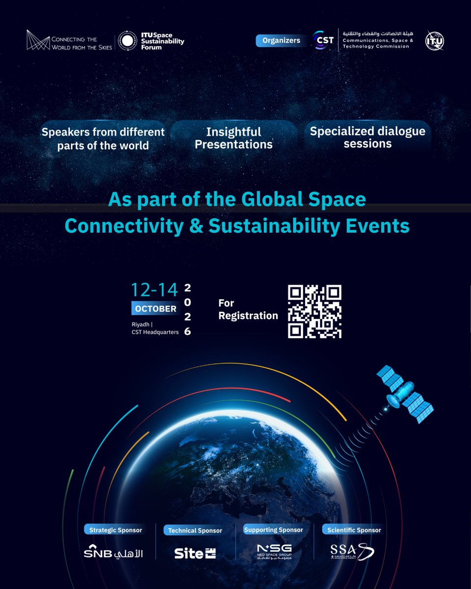 CST_KSA's tweet photo. The Global Space Connectivity & Sustainability Events presents its topics under the theme of #Connected_Earth_Sustainable_Space.
Save the Date!
Register now: https://t.co/iI3m5iyjbv
#SCS26 https://t.co/rb14WEqo42
