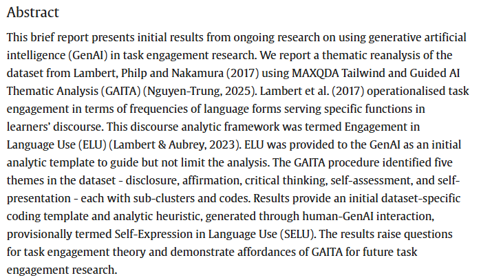 RMALJournal's tweet photo. New article: Lambert, C., Nguyen-Xuan, K., Le, A. N. N., &amp; Nguyen-Trung, K. (2026). Task engagement through the lens of generative artificial intelligence: A thematic reanalysis of Lambert, Philp and Nakamura (2017): https://t.co/Et4N94LoQo https://t.co/RfOYdrokWp