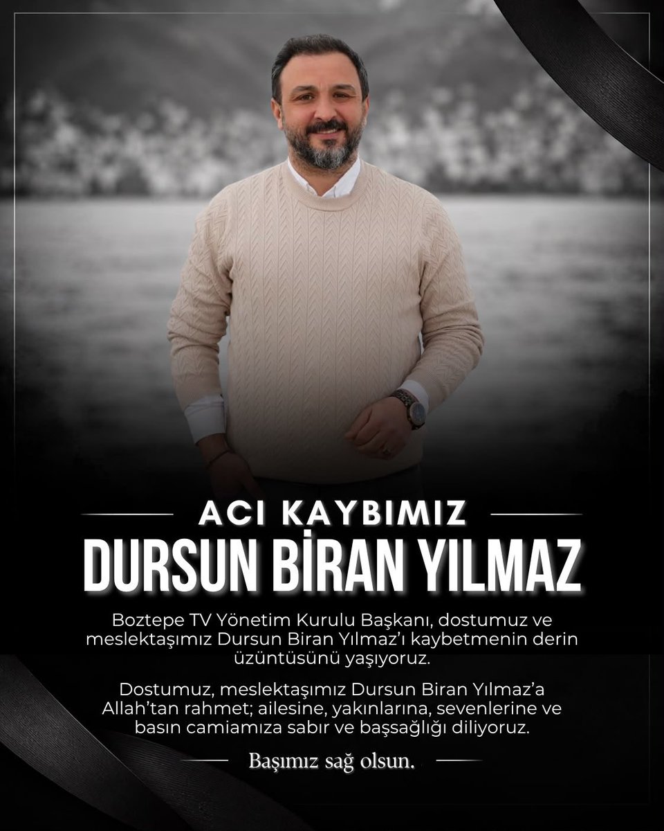 ordumercek's tweet photo. 9 Eylül’de geçirdiği trafik kazasının ardından tedavi gören Boztepe TV Yönetim Kurulu Başkanı, dostumuz ve meslektaşımız Dursun Biran Yılmaz’ın vefatını büyük bir üzüntüyle öğrendik

Kendisine Allah’tan rahmet; ailesine, yakınlarına, sevenlerine ve basın camiamıza sabır diliyoruz https://t.co/LnVzxwRrDJ