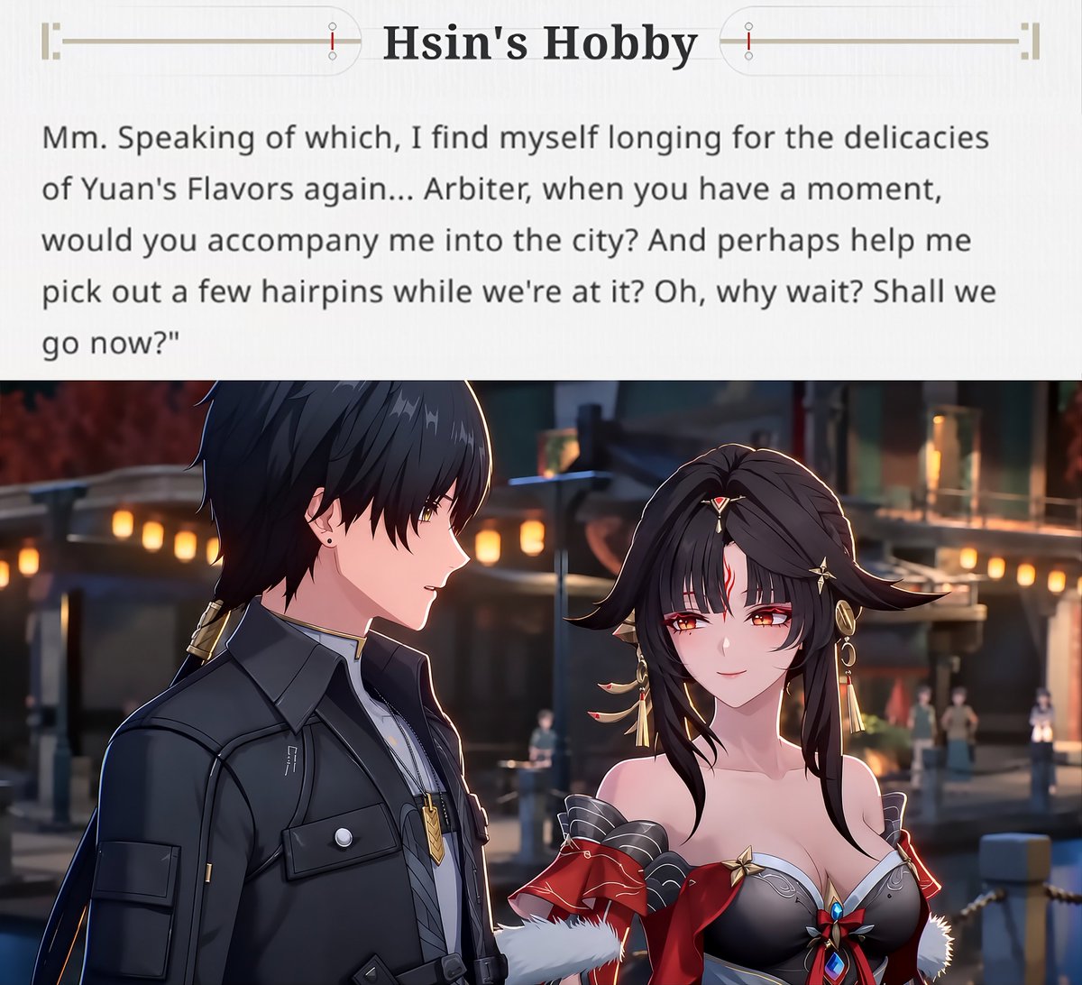 KagaOnda's tweet photo. Hsin and Rover went on a date in her Hobby voicelines. 😭 She definitely disguised herself as a human when they were outside together. https://t.co/iItyMVYyBn