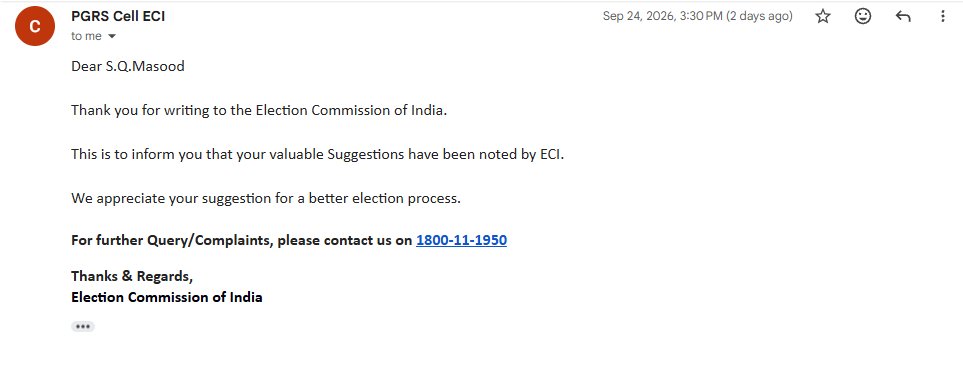 SQMasood's tweet photo. I wrote to the @ECISVEEP requesting that #mandatory #Aadhaar #authentication be removed from the online voter services system, so that voters can submit forms easily. 

I received a communication from the ECI stating that “your valuable suggestions have been noted by the ECI.” https://t.co/dt2gkH7H0L